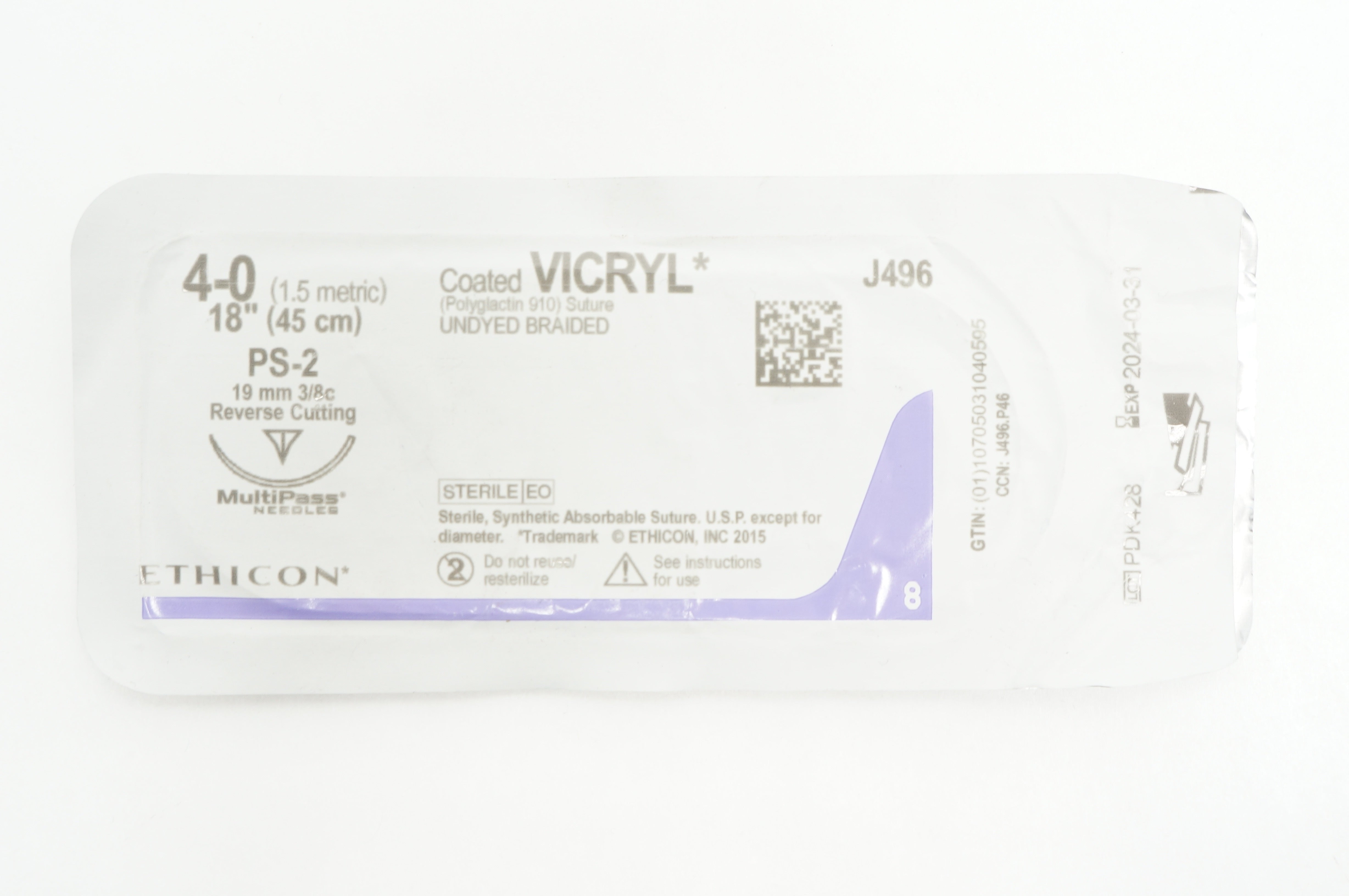 Ethicon J496 4-0 VICRYL PS-2, 19mm 3/8c Reverse Cutting, 18inch