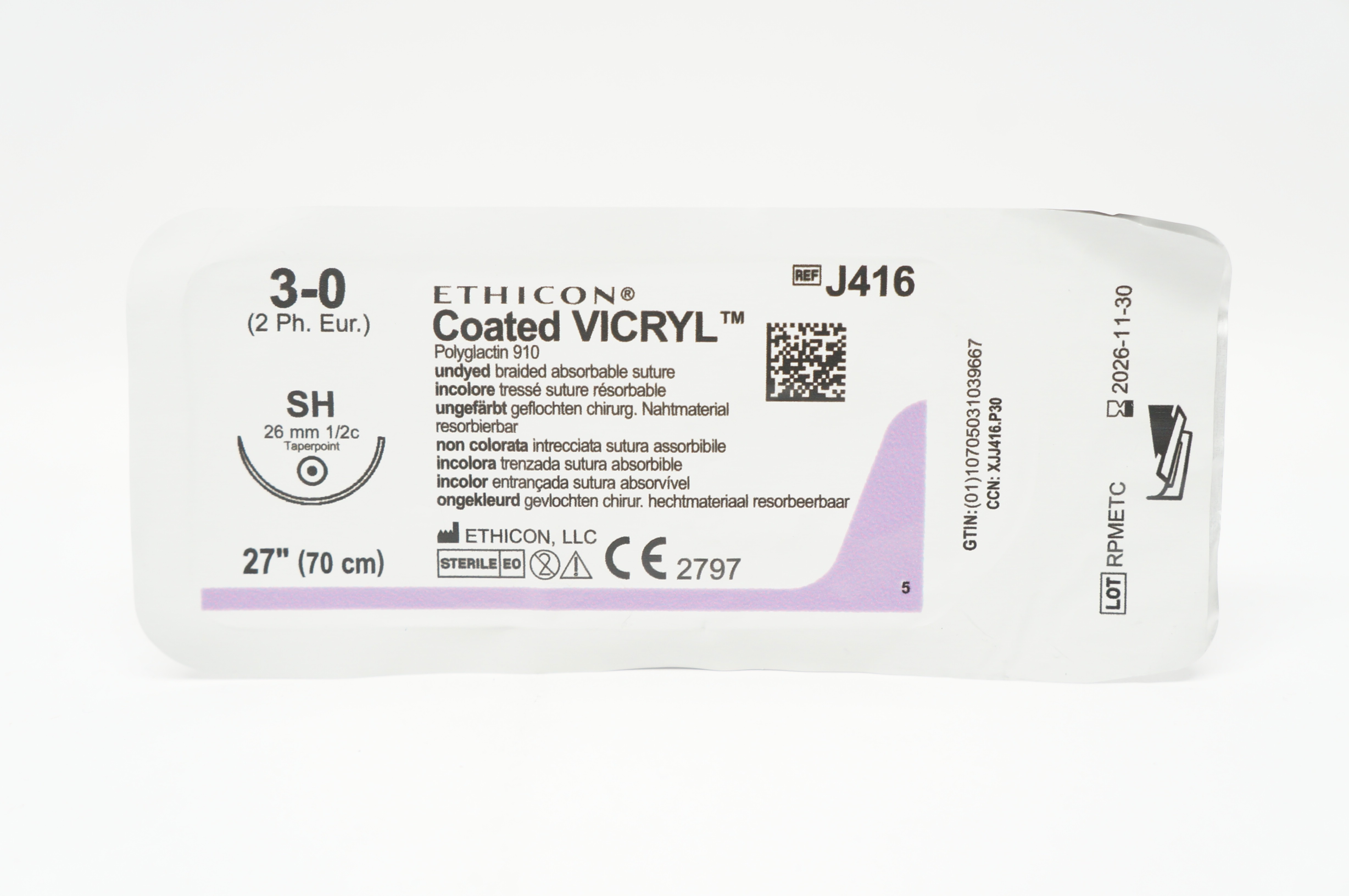 Ethicon J416 3-0 Coated VICRYL Stre SH 26mm 1/2c Taper, 27inch