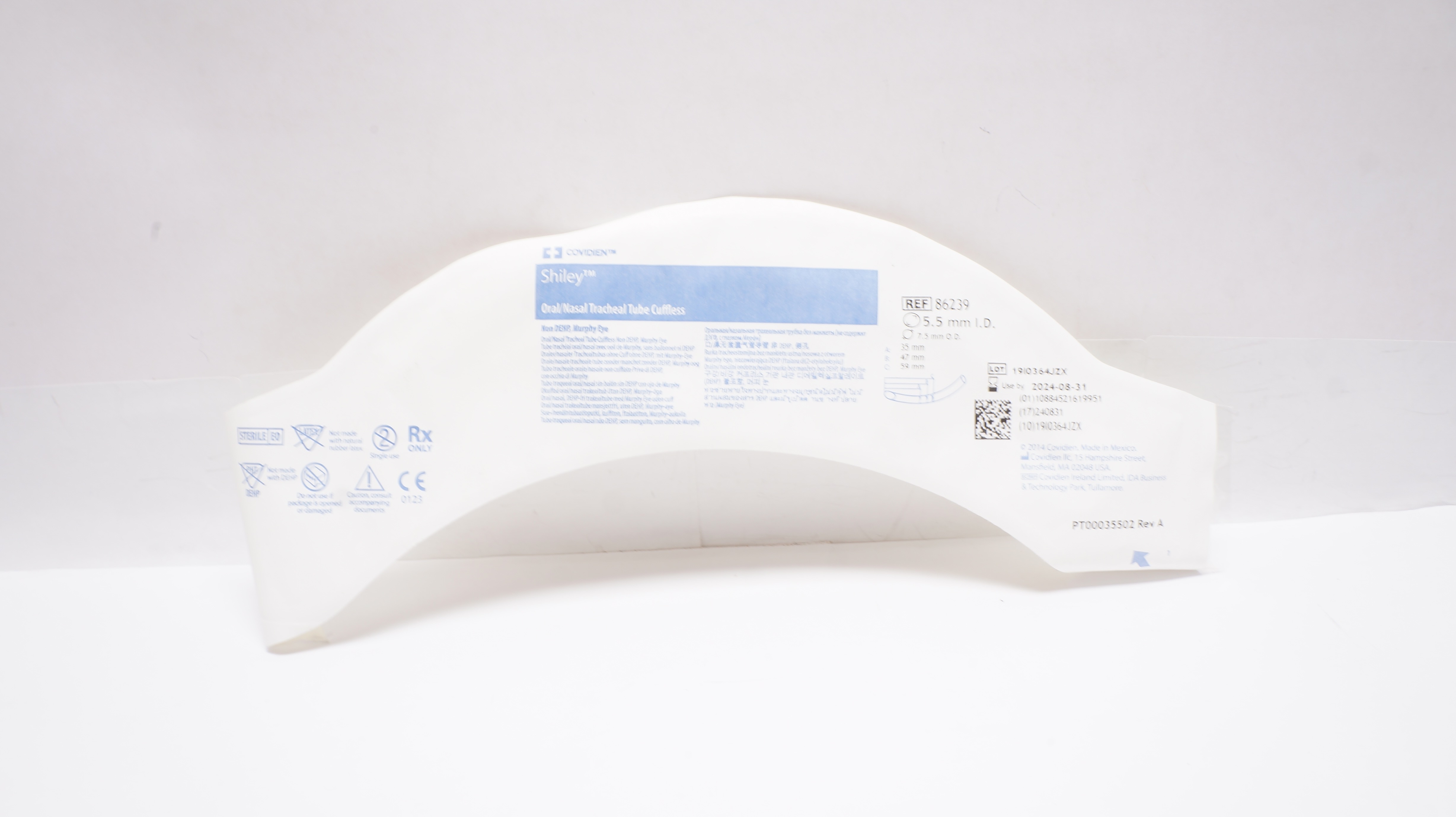 Covidien 86239 Shiley Oral/Nasal Tracheal Tube Cuffless 5.5mm ID x 7.5mm OD