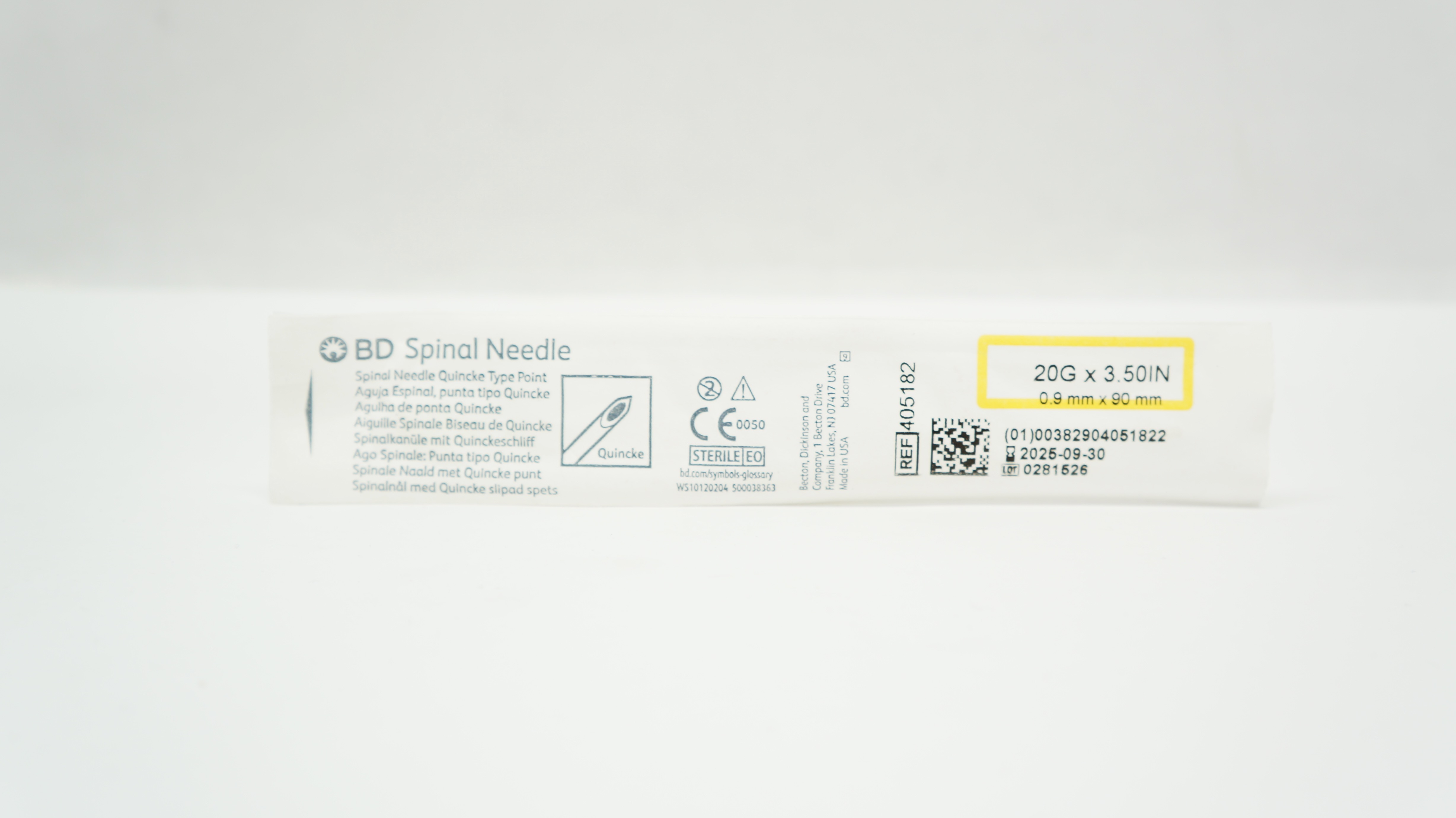 BD 405182 Becton Spinal Ndle. Quincke Type Point, 20G x 3.50inch