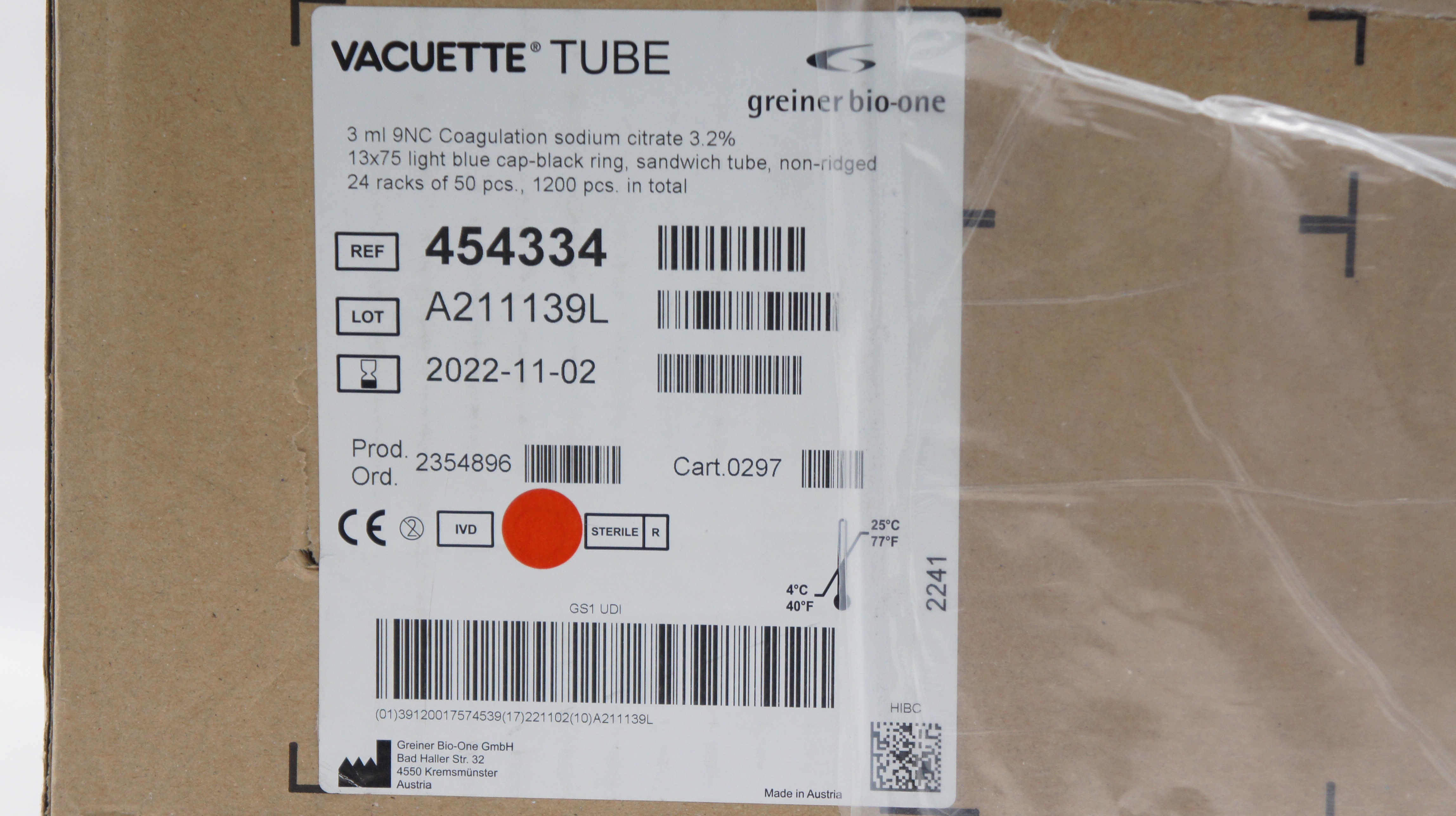 Greiner Bio-One 454334 Vacuette Tube 3ml 9NC Coagulation Sod Cit 3.2% -Case of 1200