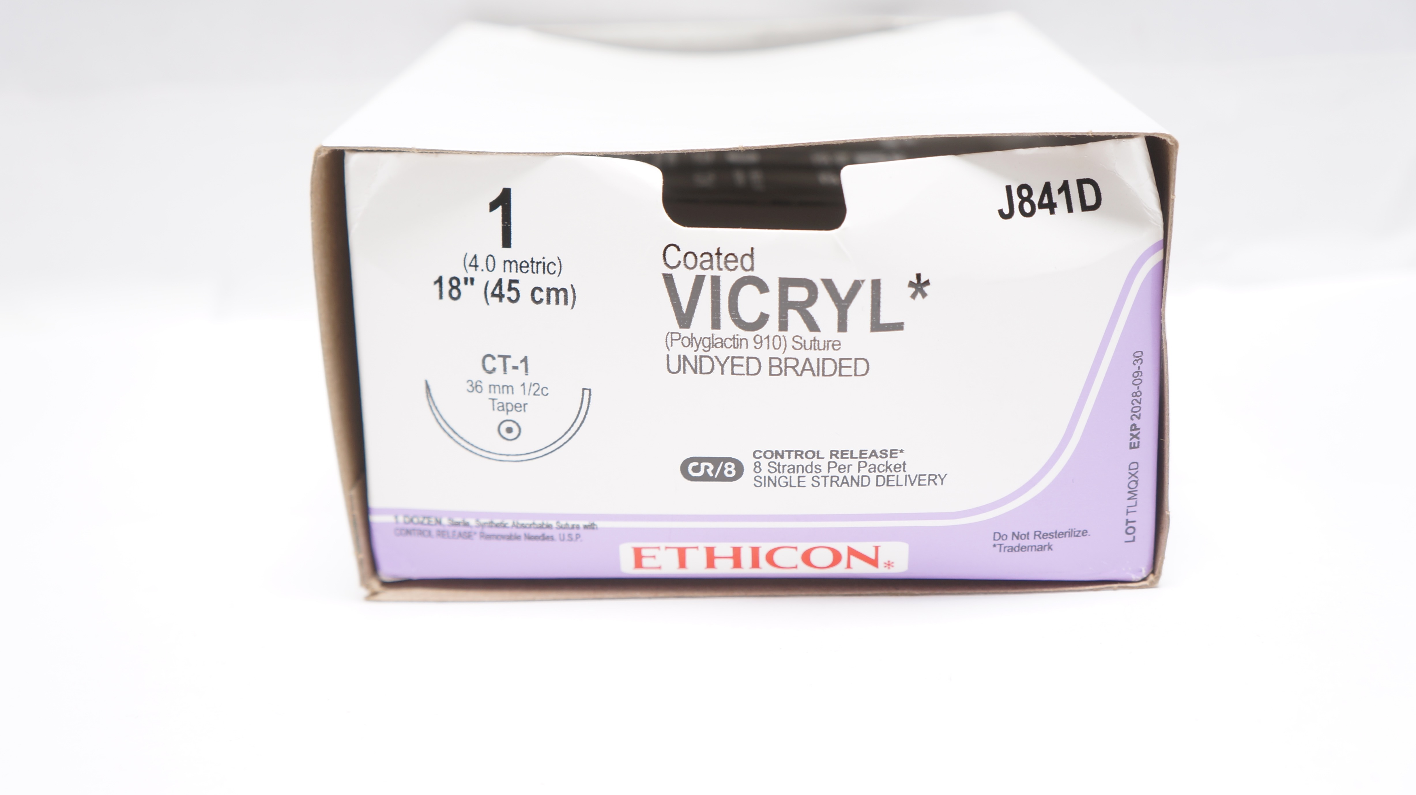 Ethicon J841D 1 VICRYL Polyglactin Stre CT-1 36mm 1/2c Taper, 18inch - Box of 10