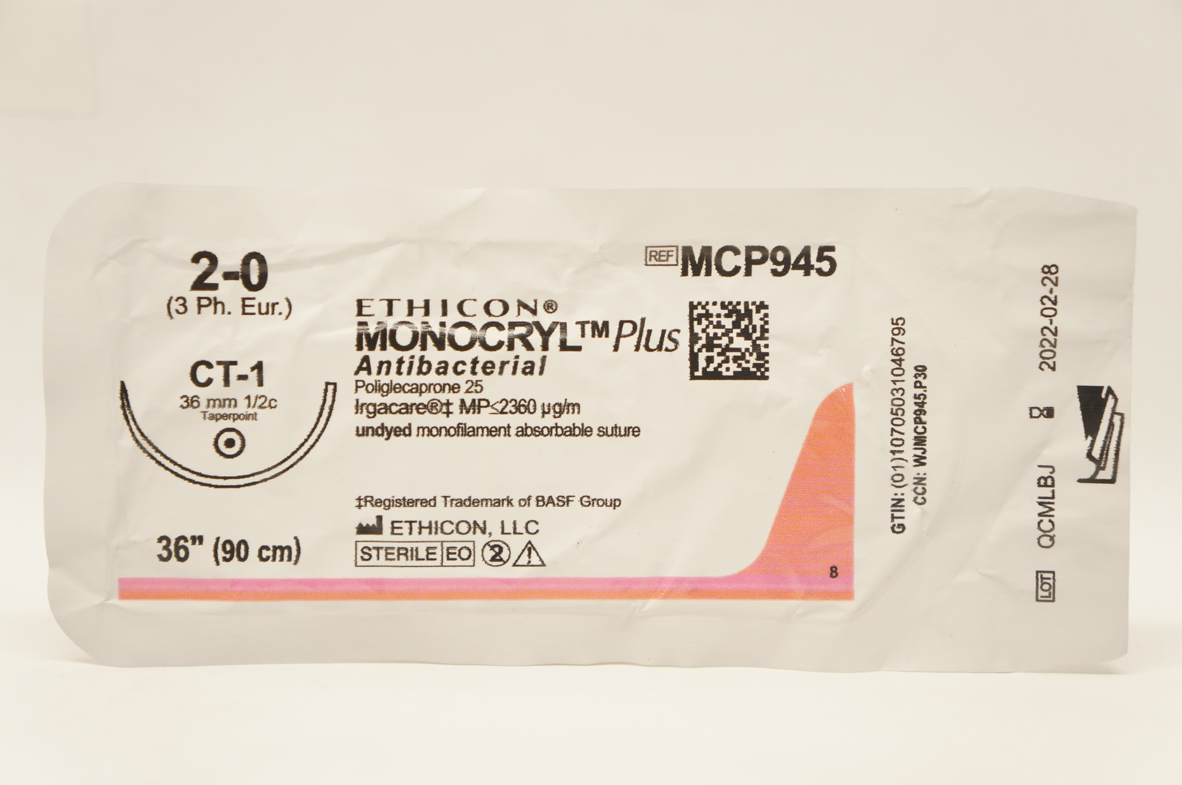 Ethicon MCP945 2-0 MONOCRYL Plus, CT-1, 36mm 1/2c Taper, 36inch (x)