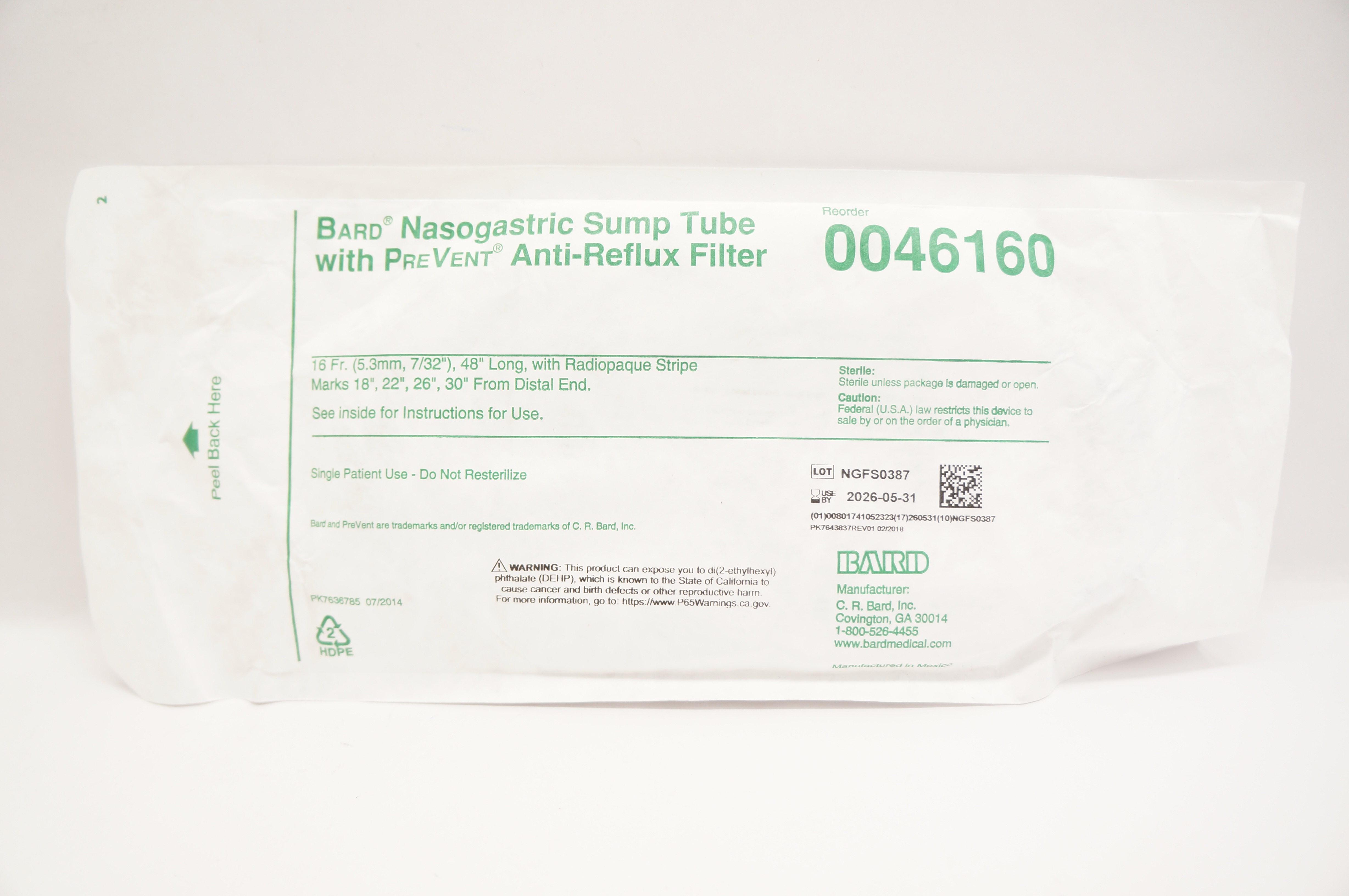 Bard 0046160 Nasogastric Sump Tube W/PreVent Anti-Reflux Filter 16Fr x 48inch