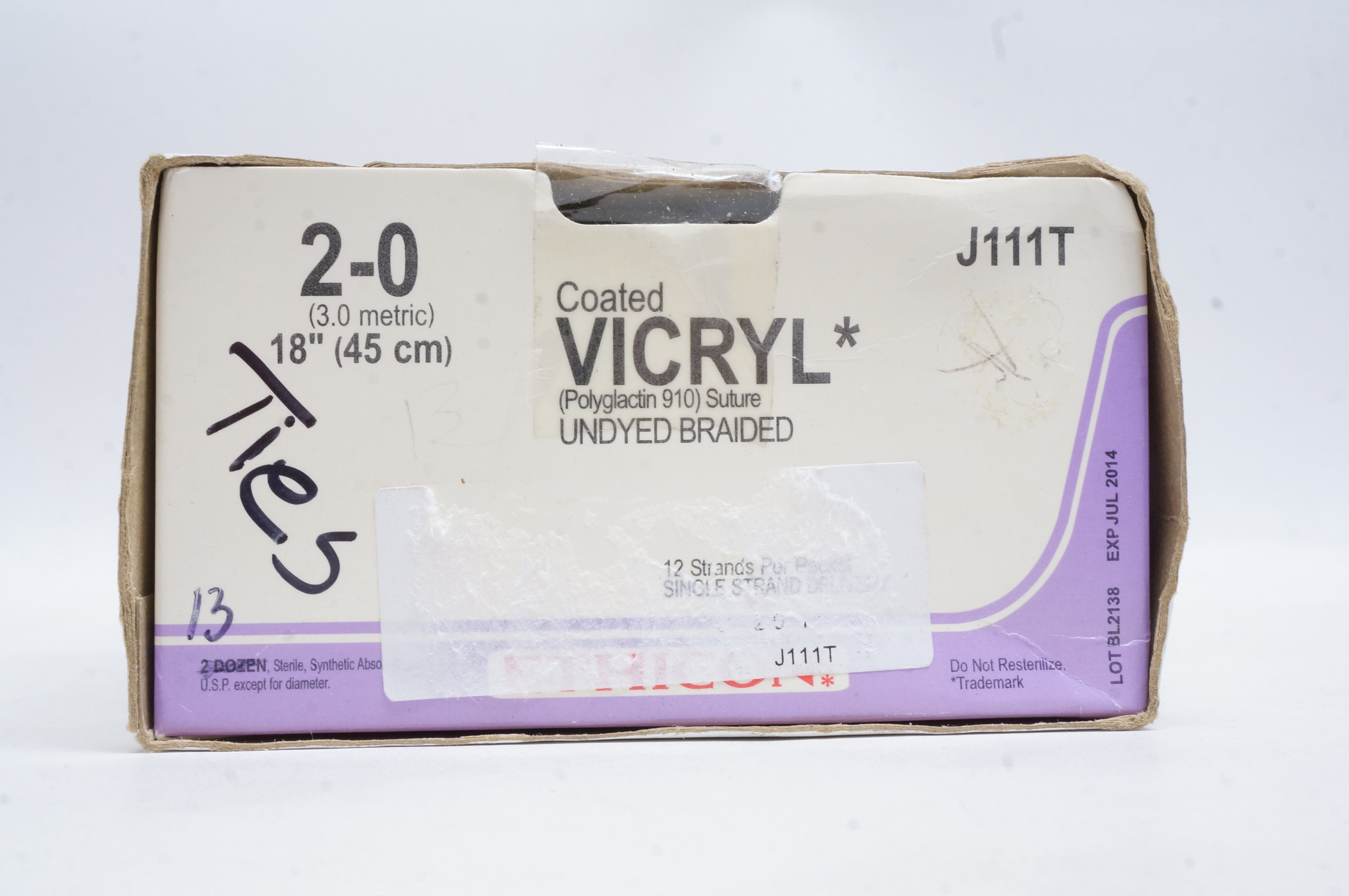 Ethicon J111T 2-0 VICRYL, Undyed Braided, 18inch (x) - Box of 13