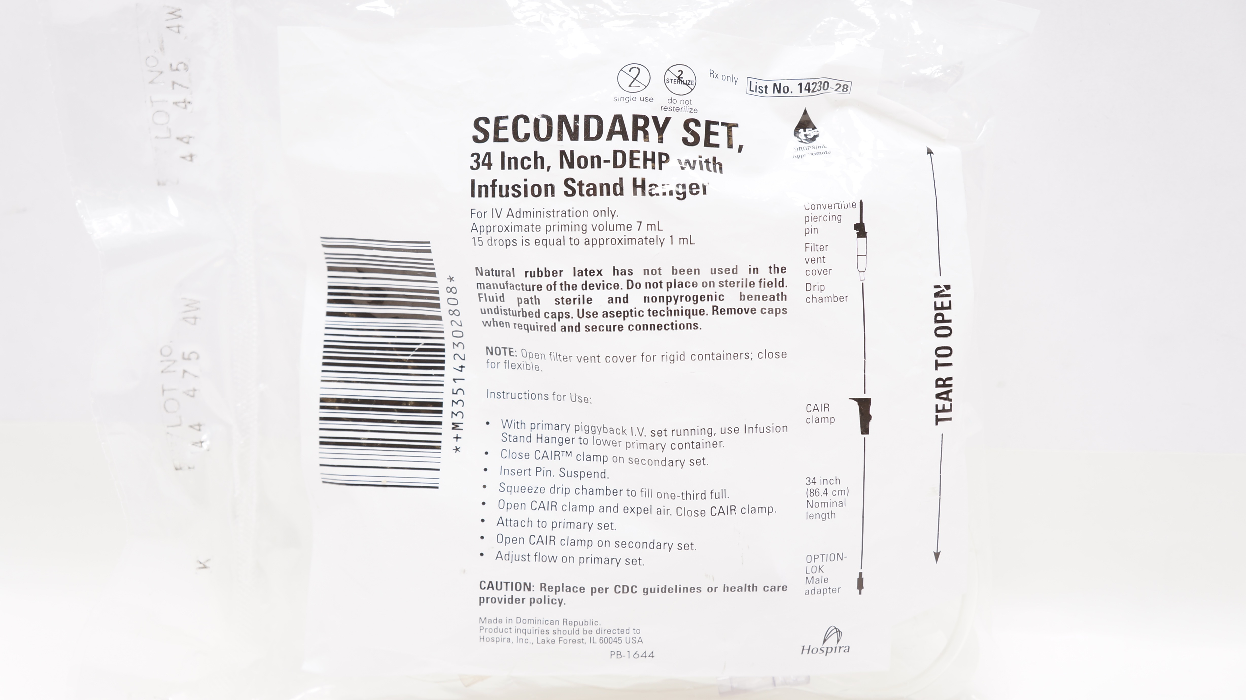 Hospira 14230-28 Secondary Set w/Infusion Stand Hanger, 34inch 15 Drops/mL