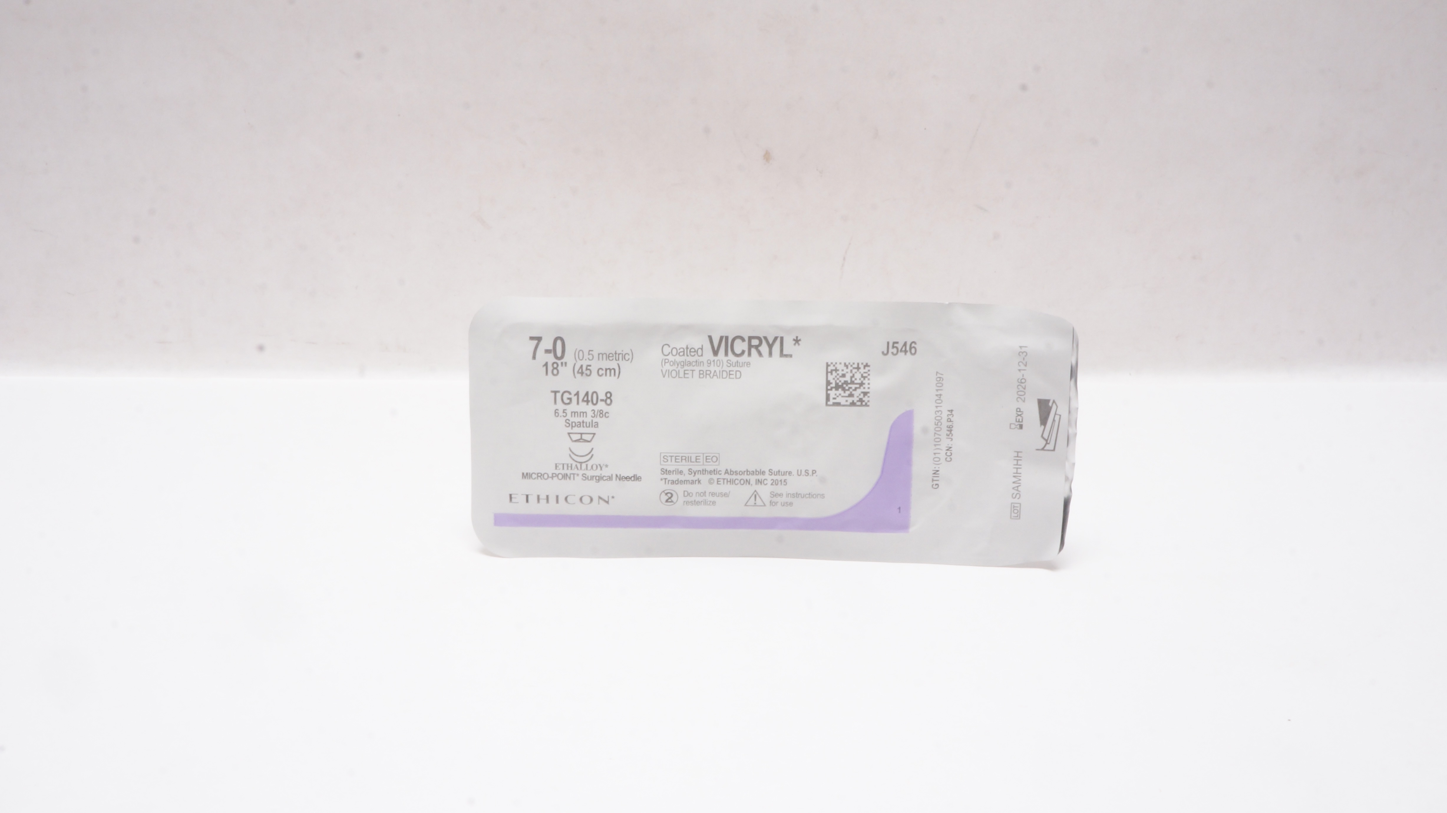 Ethicon J546 7-0 Coated Vicryl Stre TG140-8 6.5mm 3/8c Spatula 18inch