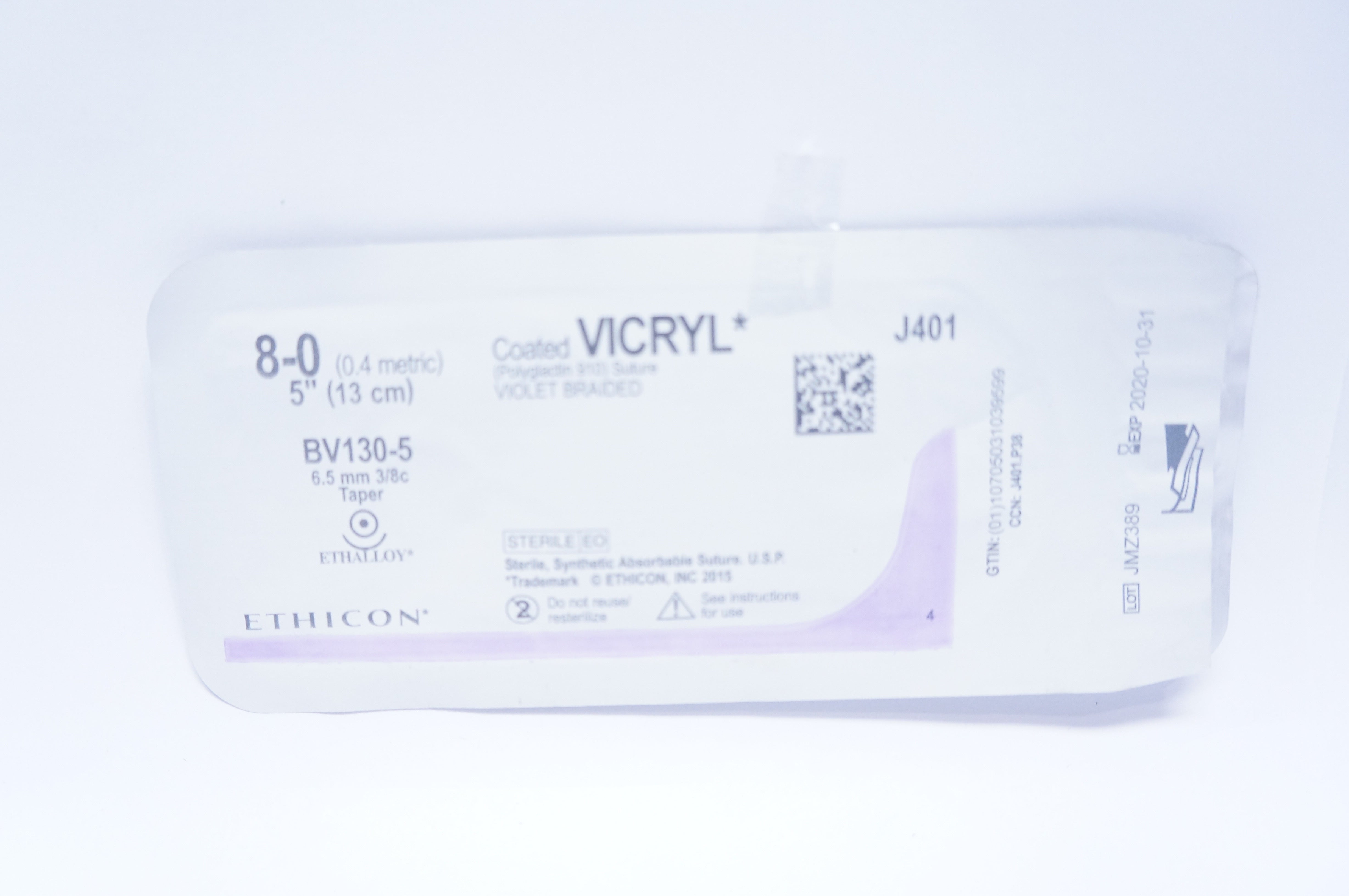 Ethicon J401 8-0 VICRYL Violet Braided, BV130-5, 6.5mm 3/8c Taper, 5inch