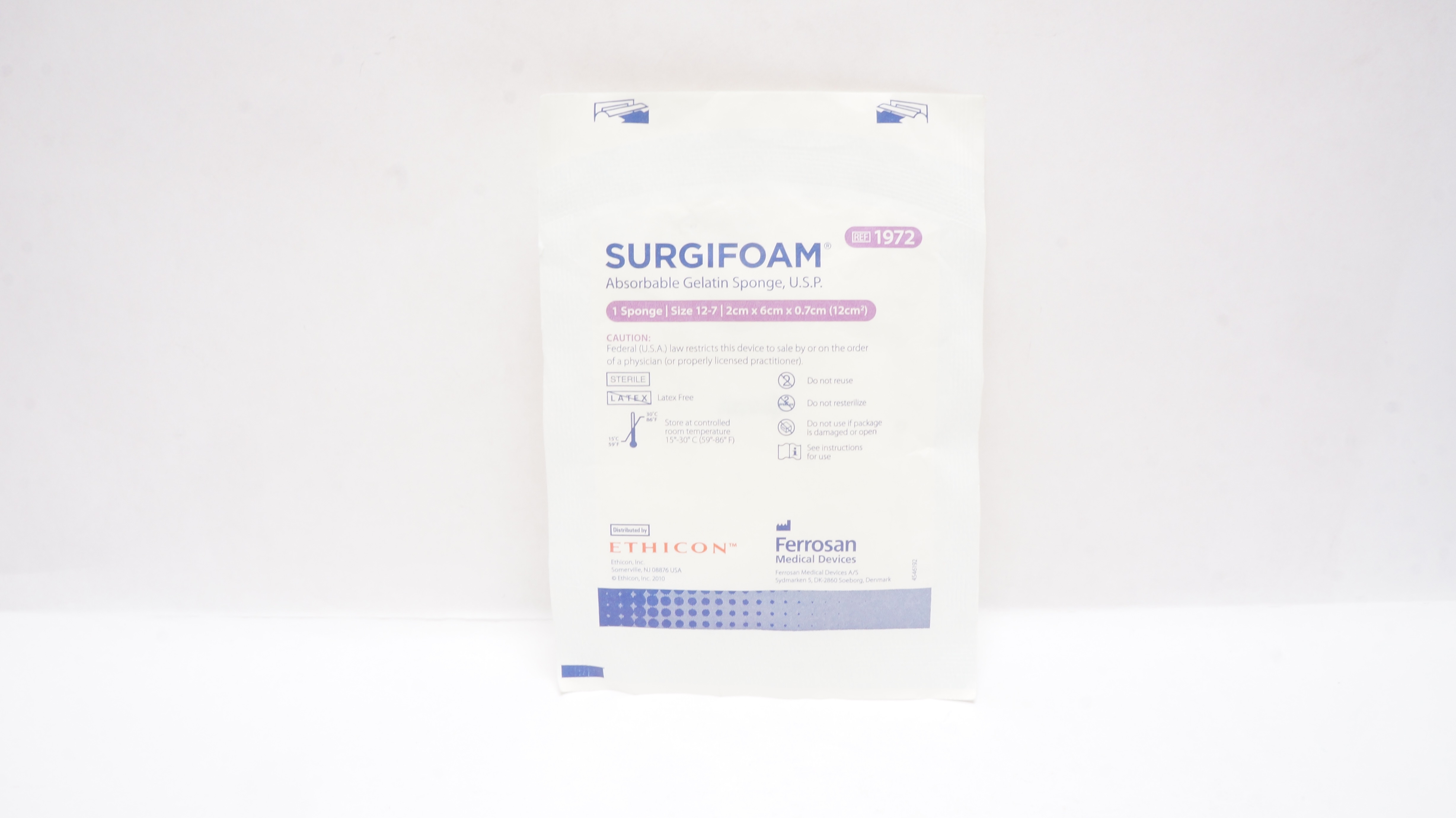 Ethicon 1972 SURGIFOAM Absorbable Gelatin Sponge USP Size 12-7, 2 x 6 x 0.7cm(x)