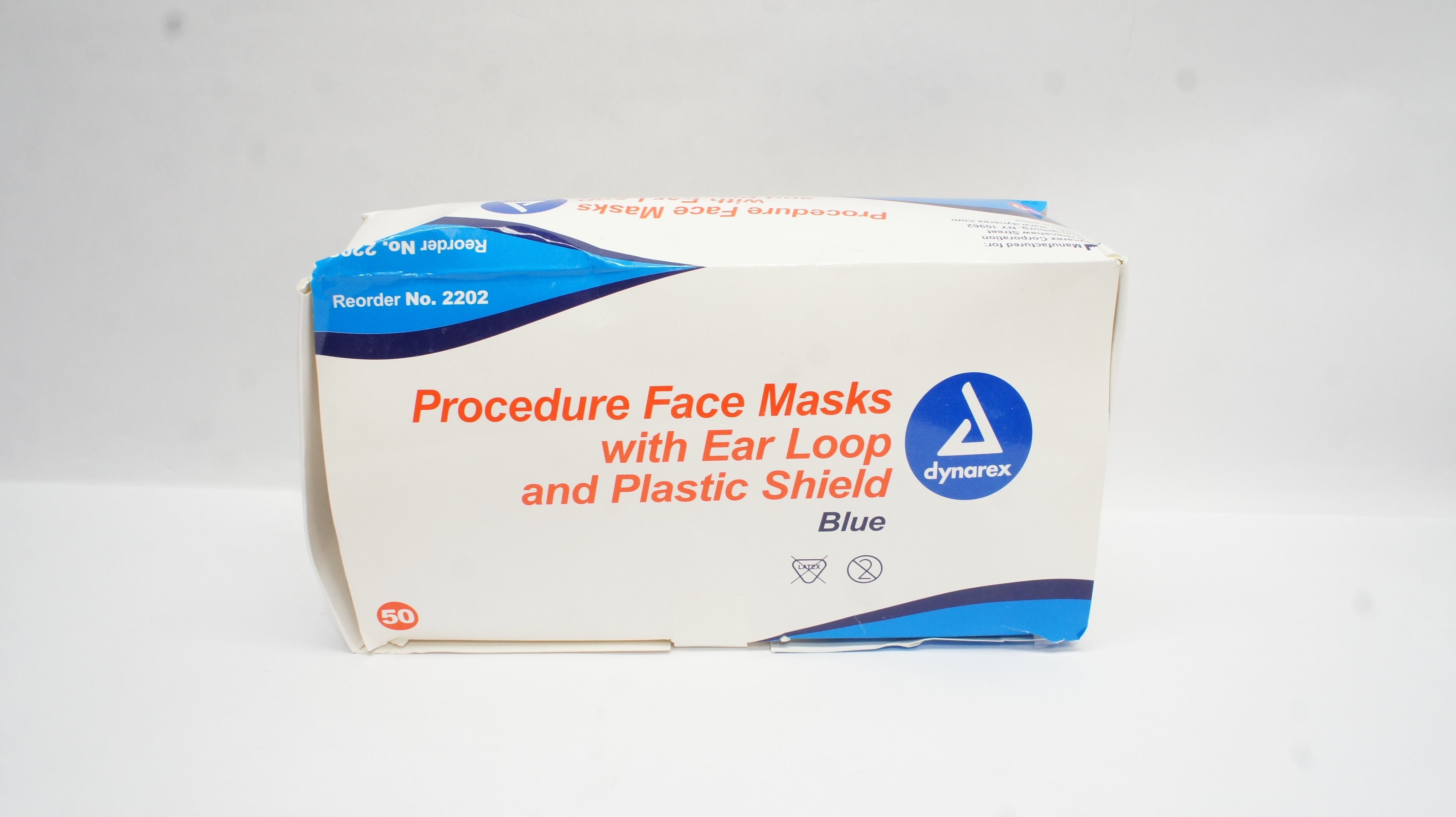 Dynarex 2202 Procedure Face Blue Masks W/Ear Loop & Plastic Shield - Box of 50