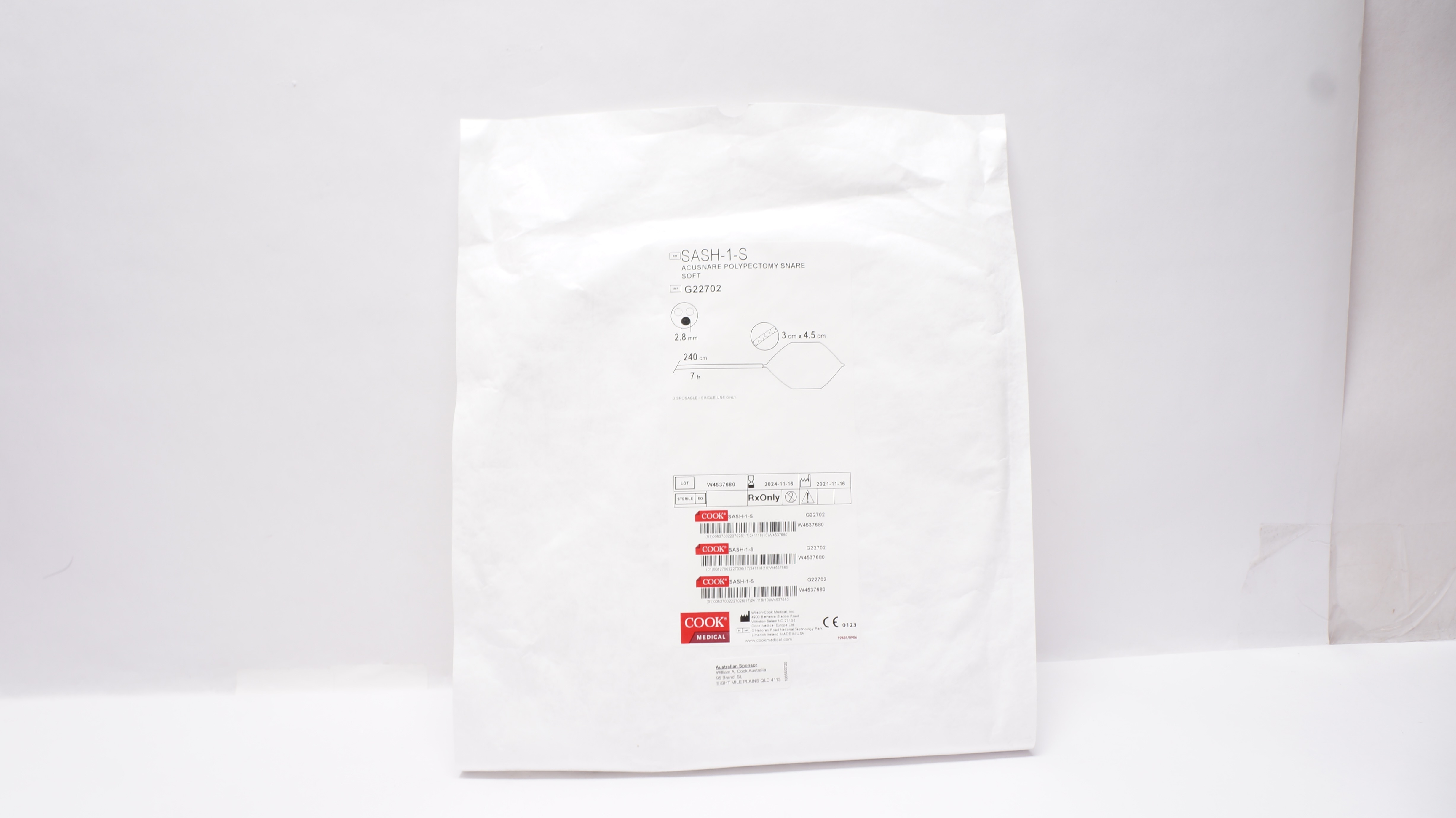 Cook Medical G22702 Acusnare Polypectomy Snare Soft 240cm x 7Fr. x 2.8mm