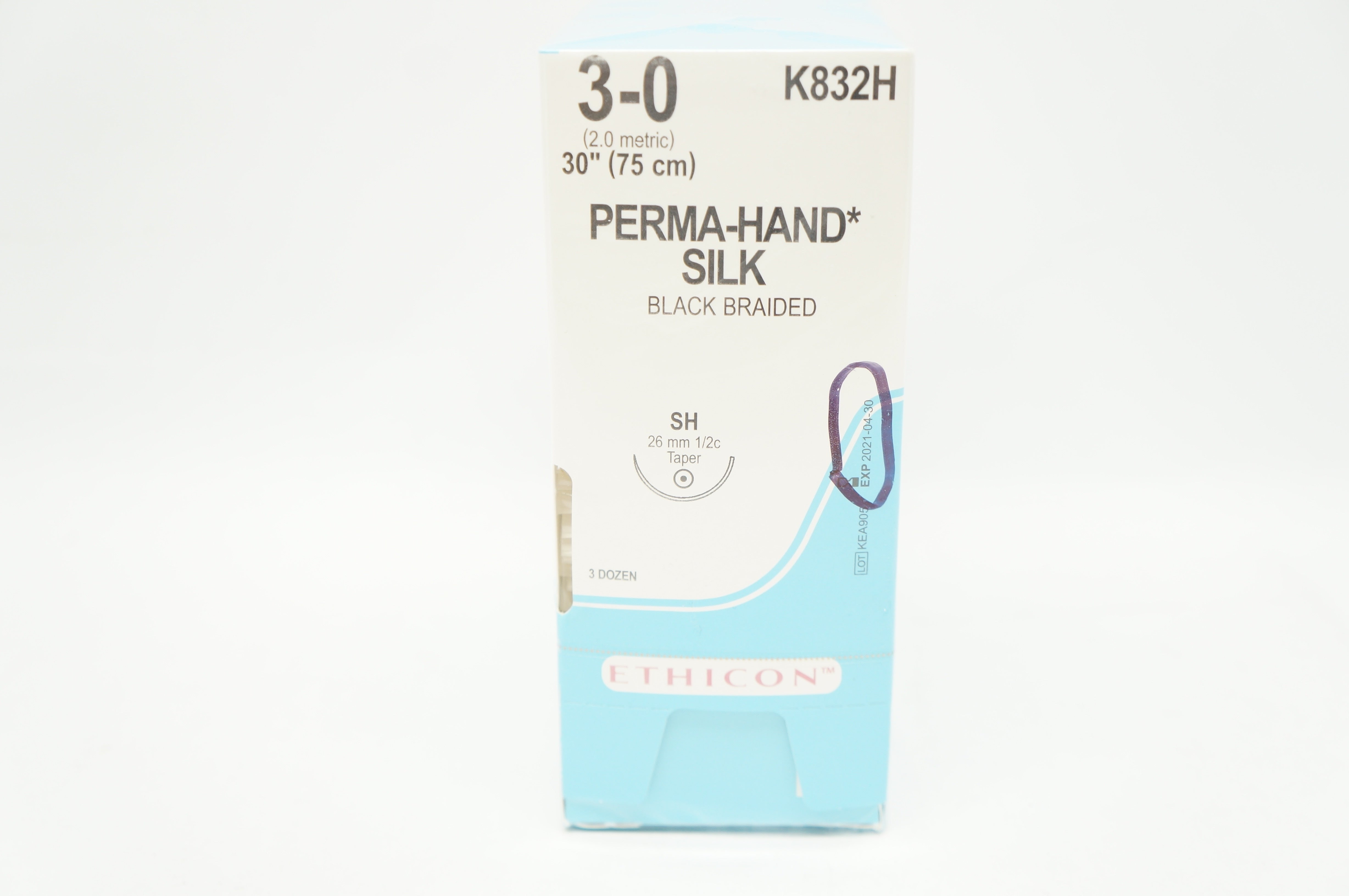Ethicon K832H 3-0 Perma-Hand Silk Stre SH 26mm 1/2c Taper 30inch (x) - Box of 36