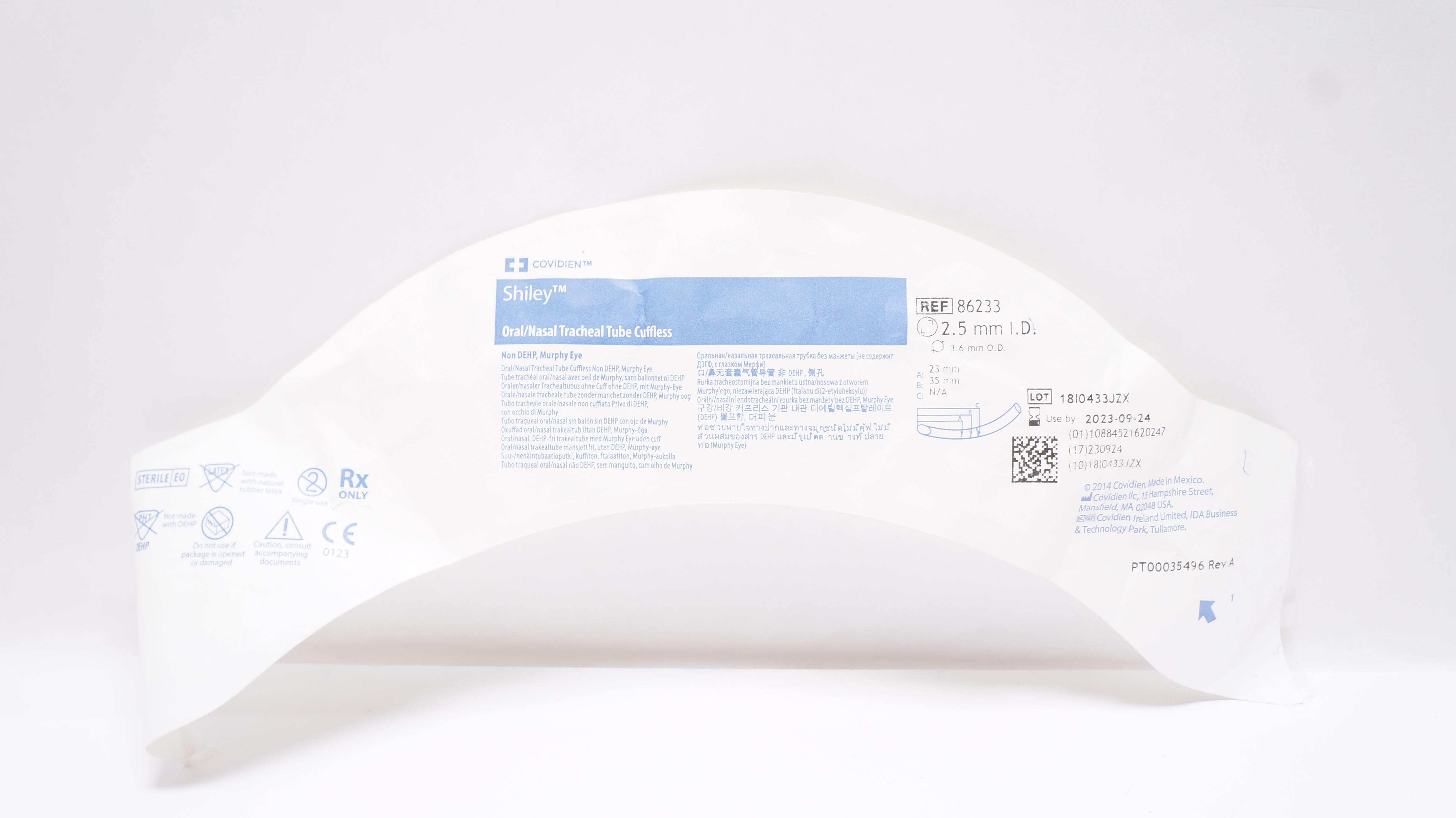 Covidien 86233 Shiley Oral/Nasal Tracheal Tube Cuffless 2.5mm ID x 3.6mm OD (x)