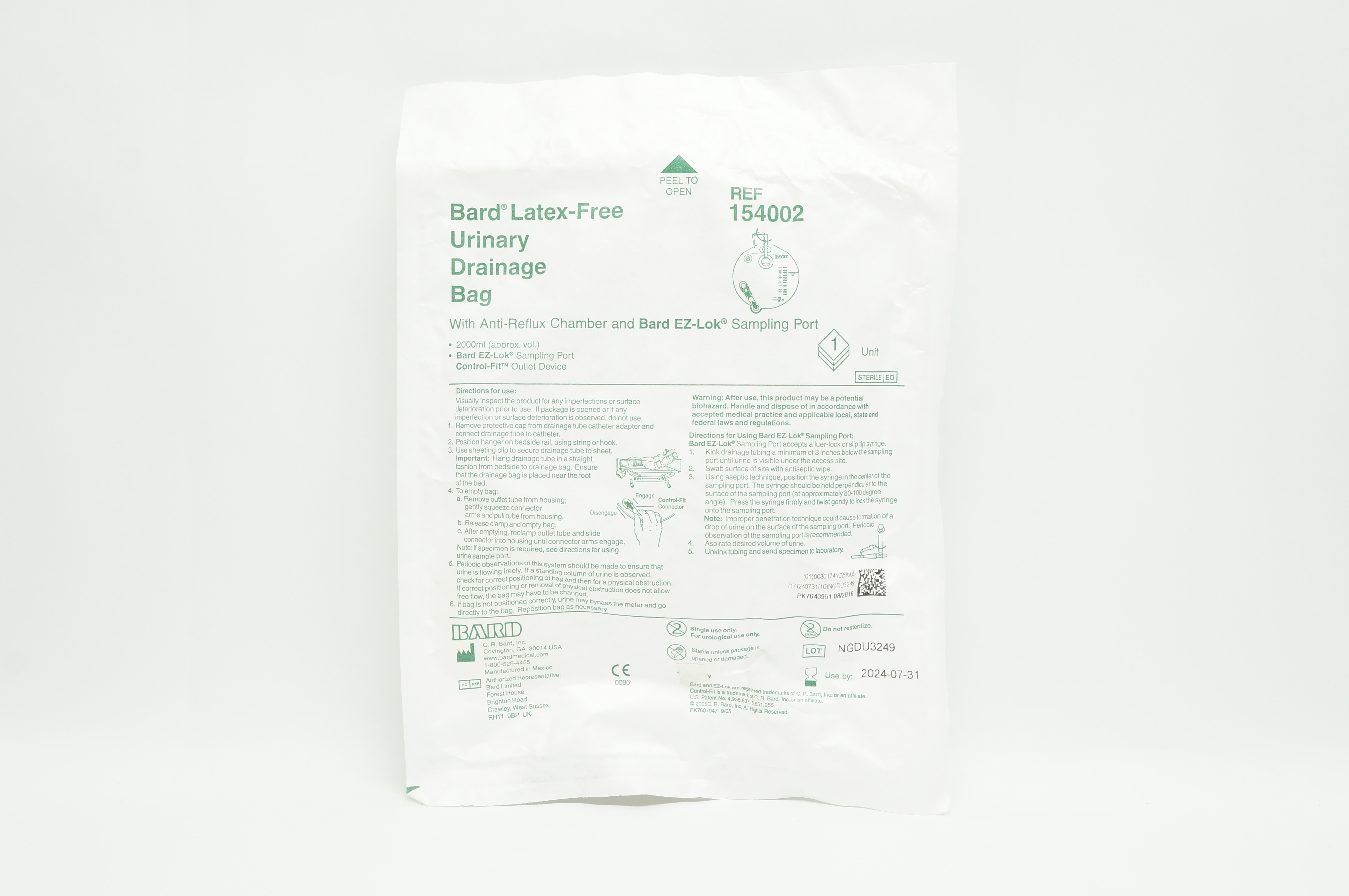 Bard 154002 Latex-Free Urinary Drainage Bag 2000ml