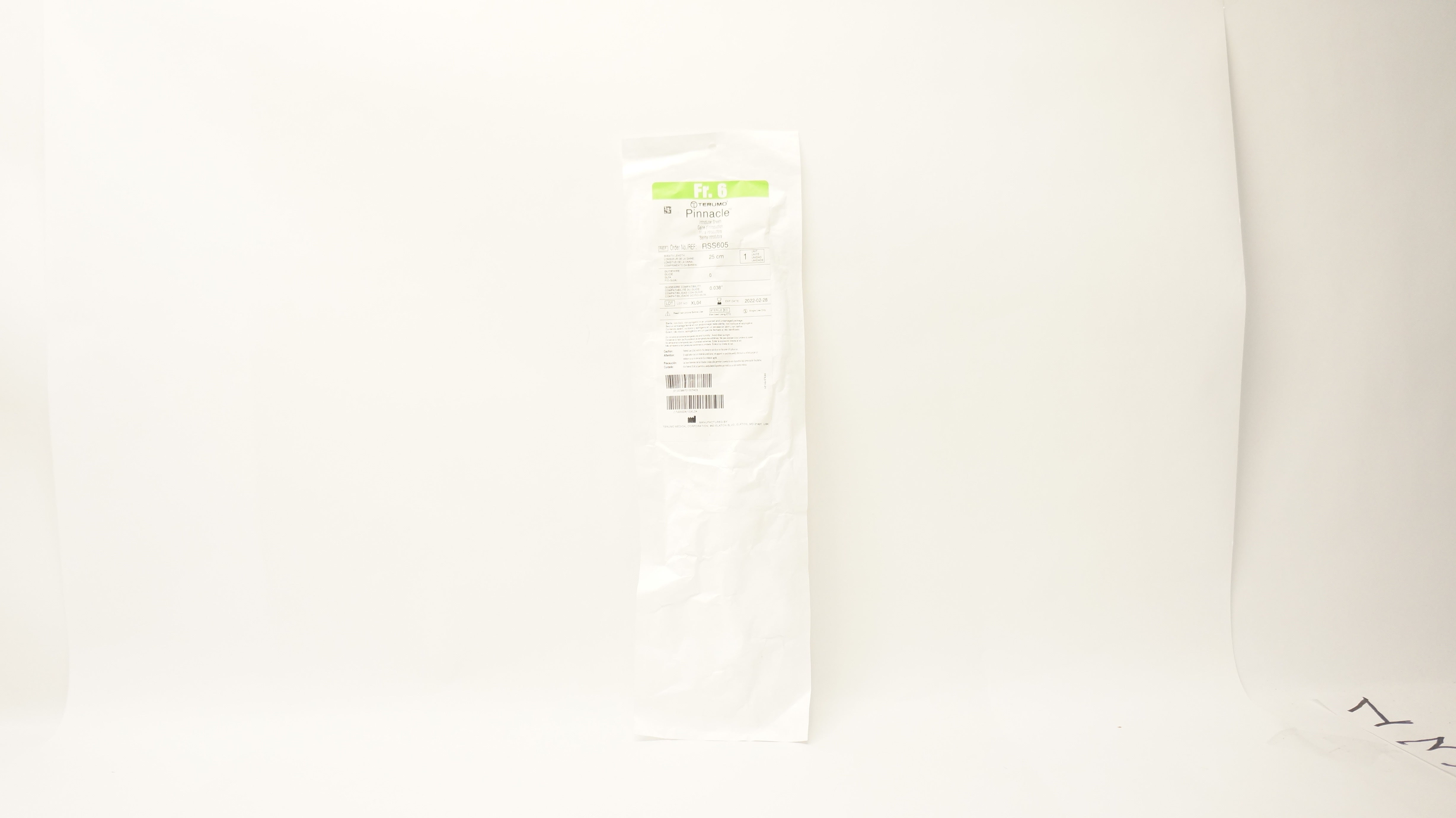 Terumo RSS605 Pinnacle Introducer Sheath 6Fr x 25 cm x 0.038 inch