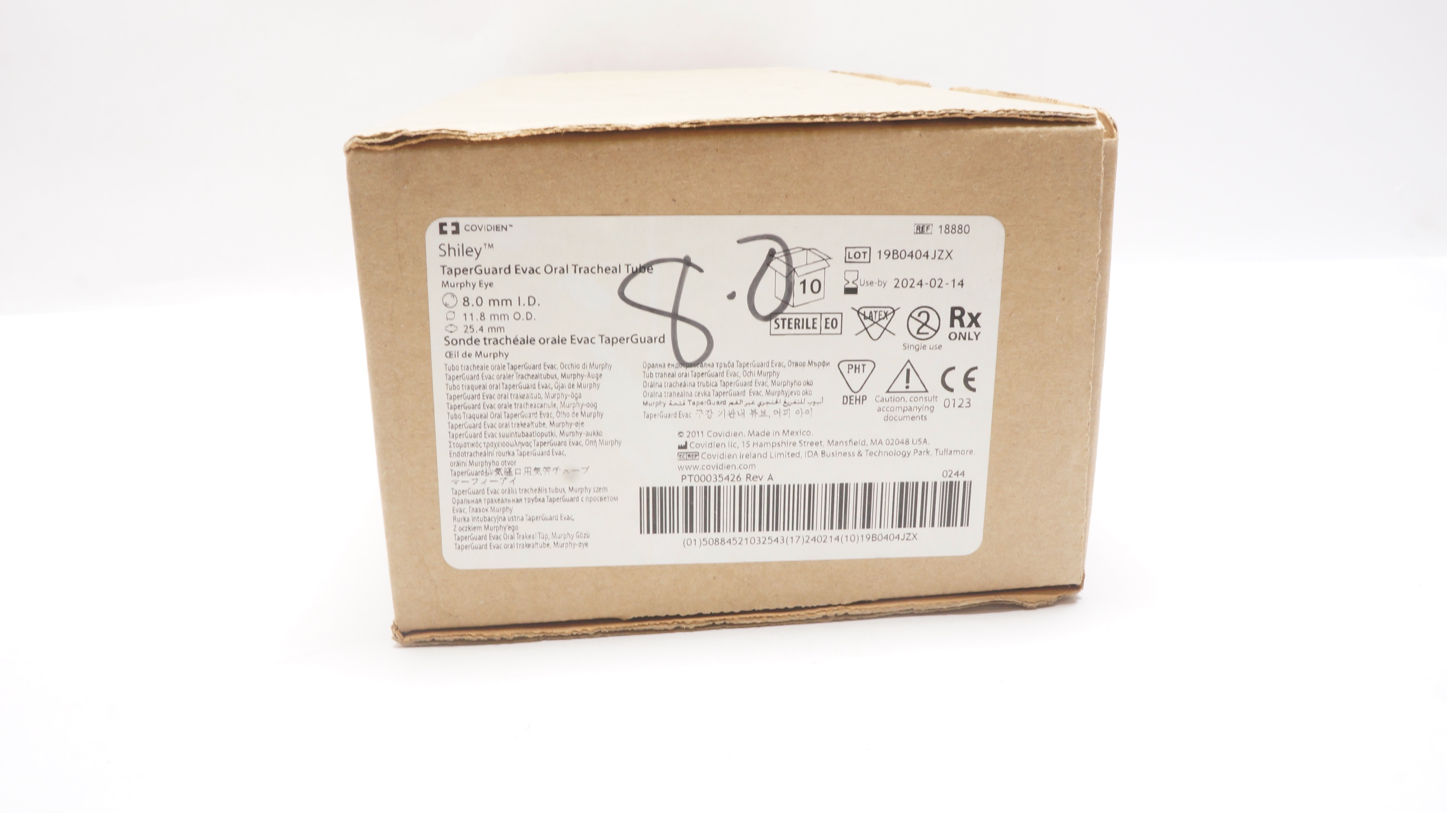 Covidien 18880 Shiley TaperGuard Evac Oral Tracheal Tube - Case of 4