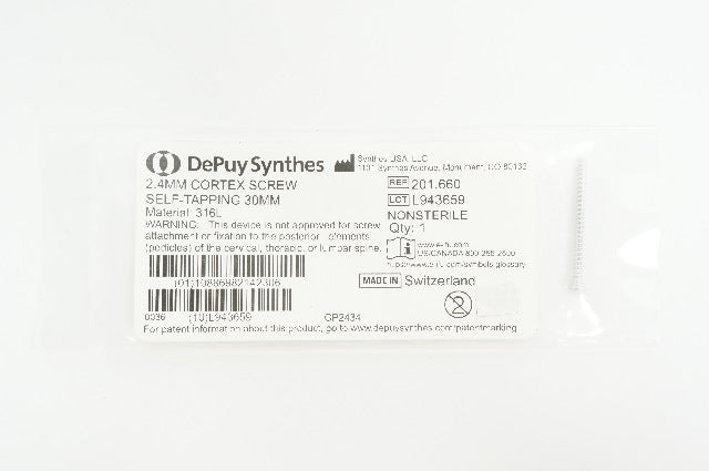 Synthes 201.660 2.4mm Cortex Screw, Self Tapping 30mm