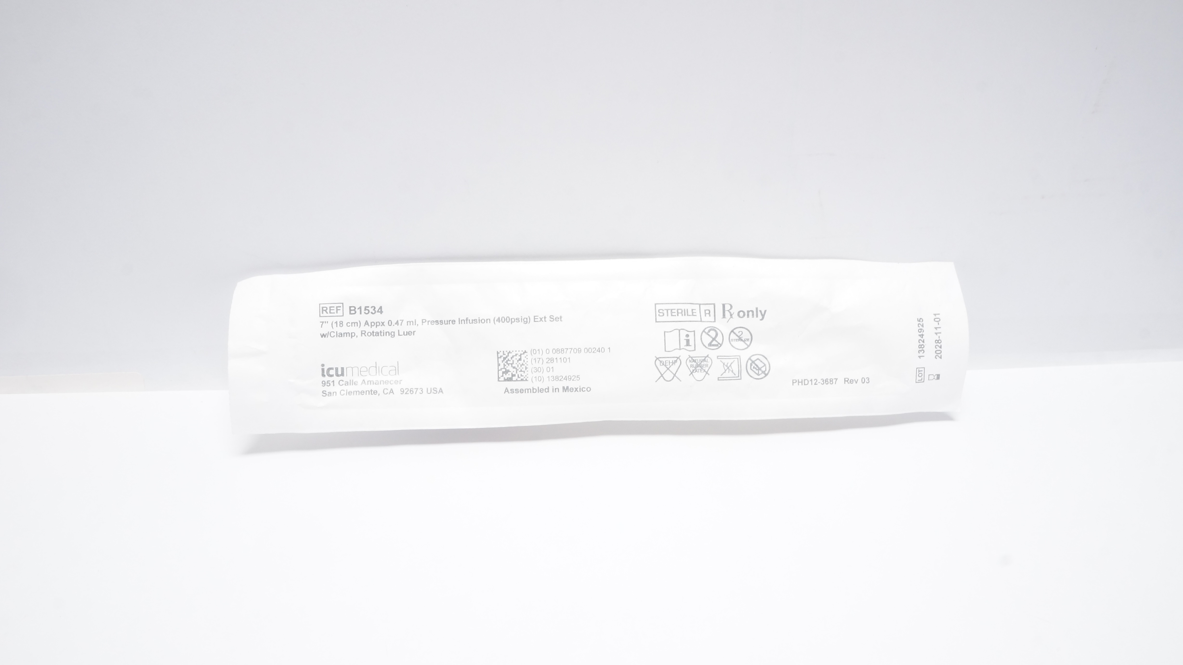 ICU Medical  B1534 Extension Set w/Clamp, Rotating Luer, 7inch x 0.47mL