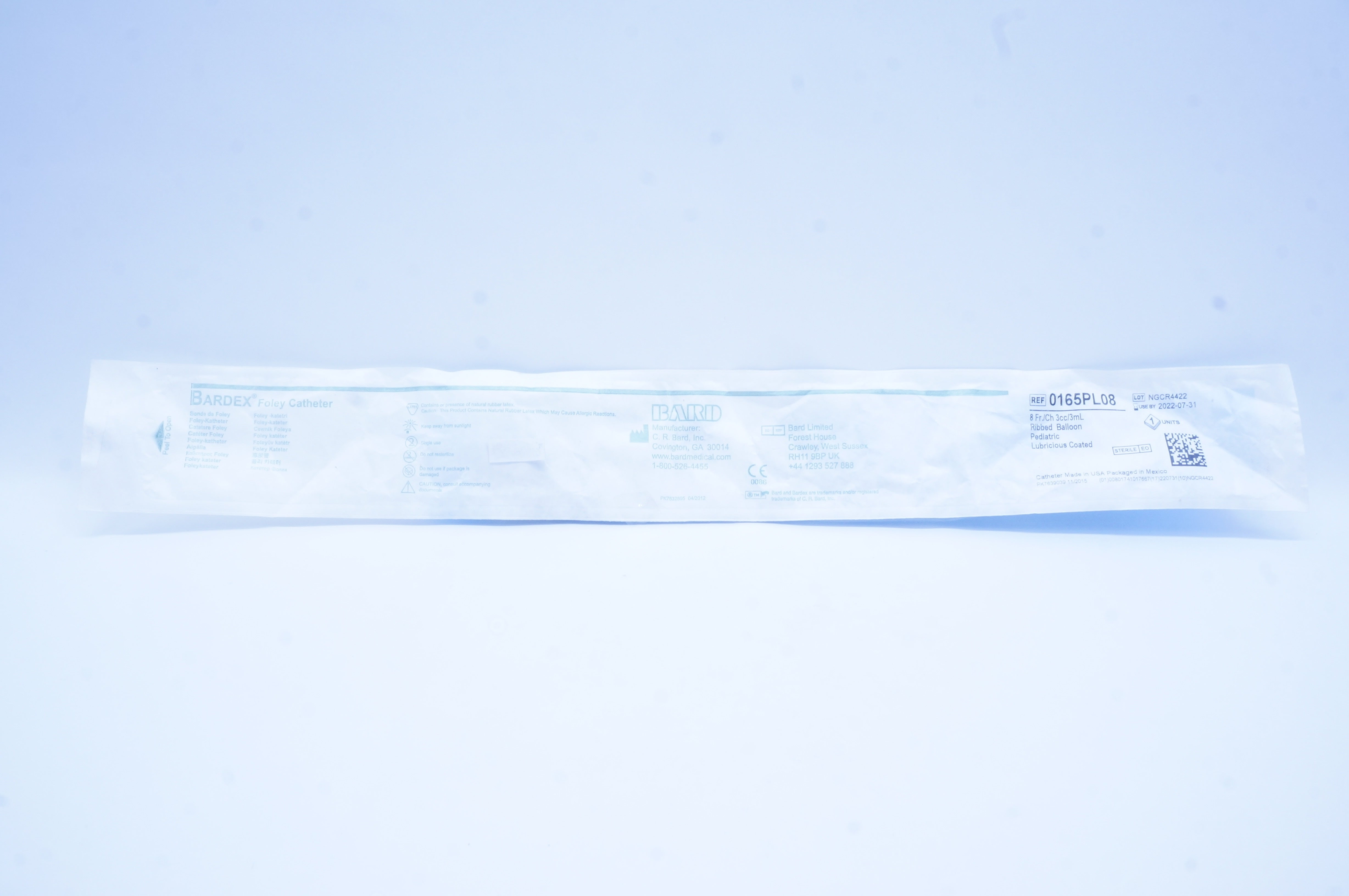 Bard 0165PL08 Bardex Pediatric Foley Cath. 8Fr/Ch x 3cc/3mL Ribbed Balloon