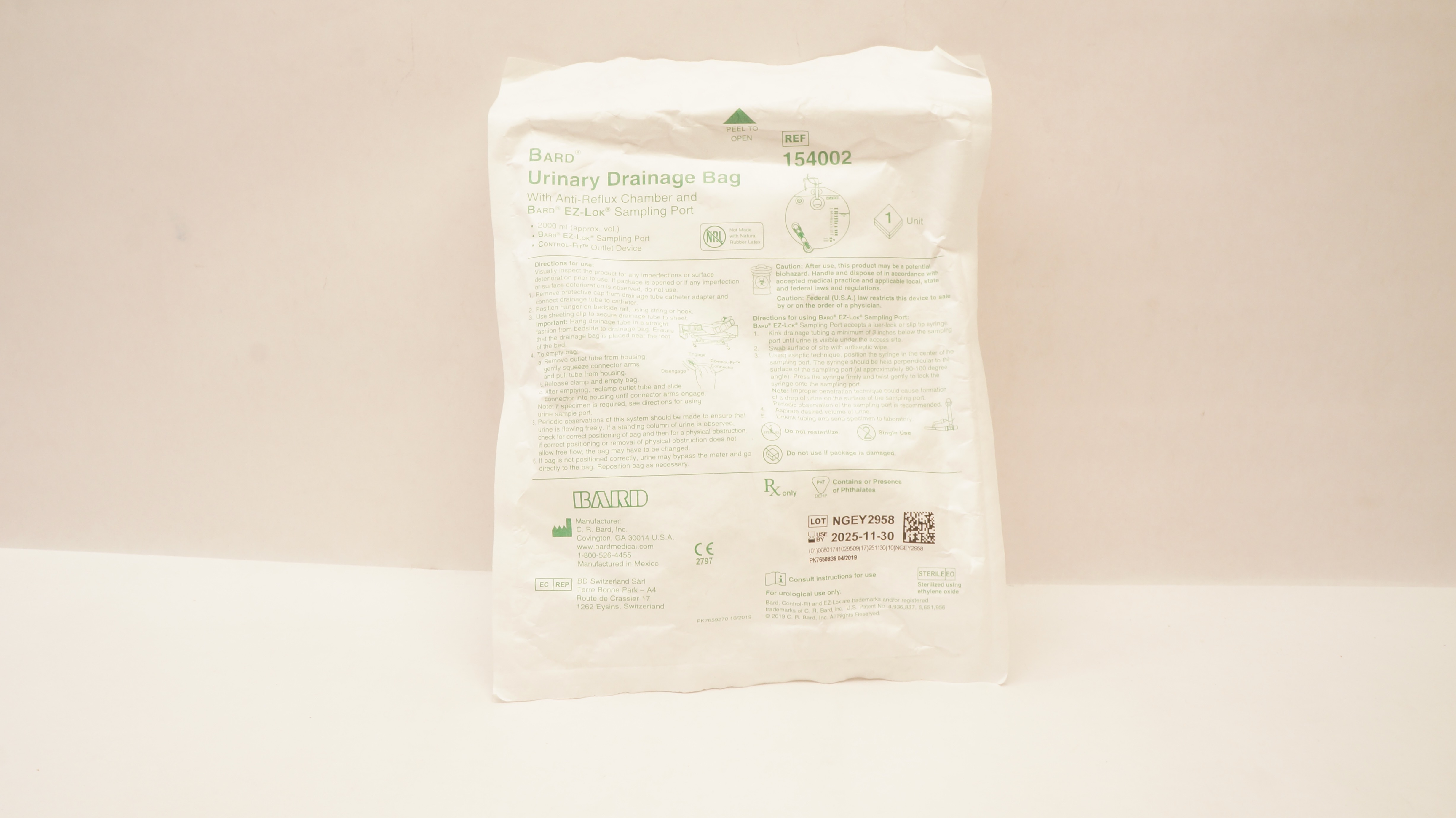 Bard 154002 Urinary Drainage Bag with Anti-Reflux Chamber & Sampling Port 2000mL