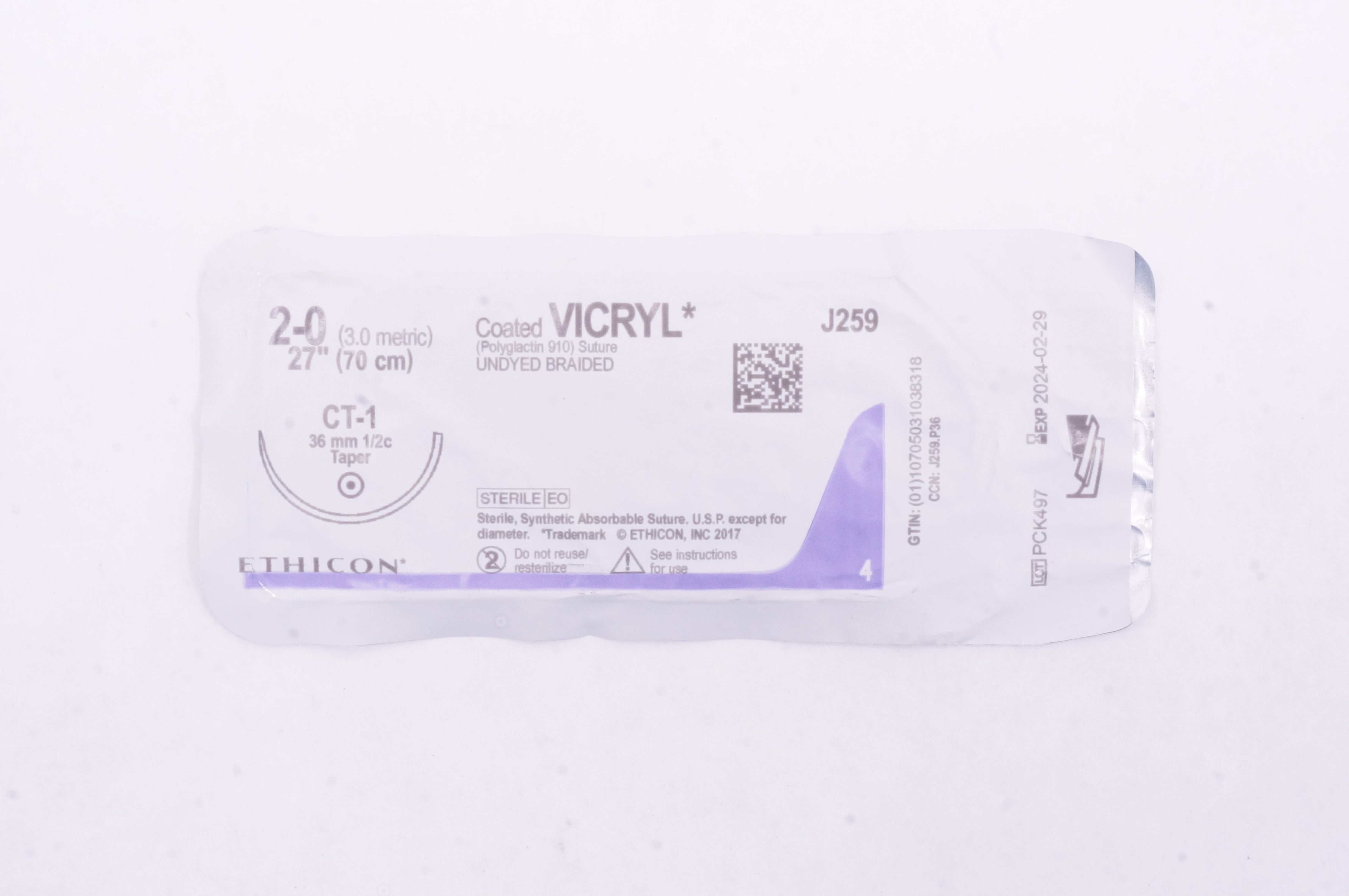 Ethicon J259 2-0 Coated VICRYL Stre CT-1 36mm 1/2c Taper, 27 inch (x)