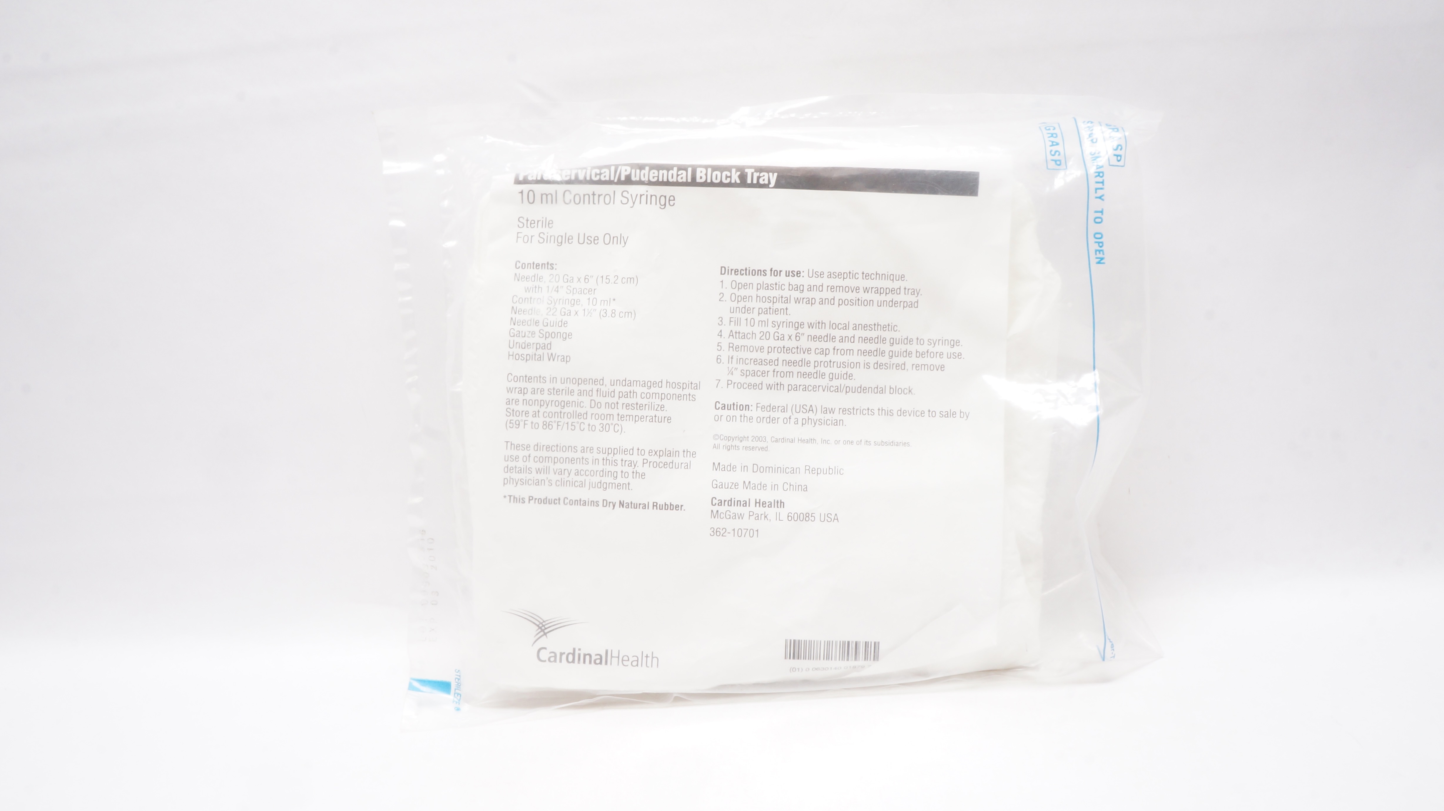 Cardinal Health Paracervical/Pudendal Block Tray with 10mL Control Syringe (x)