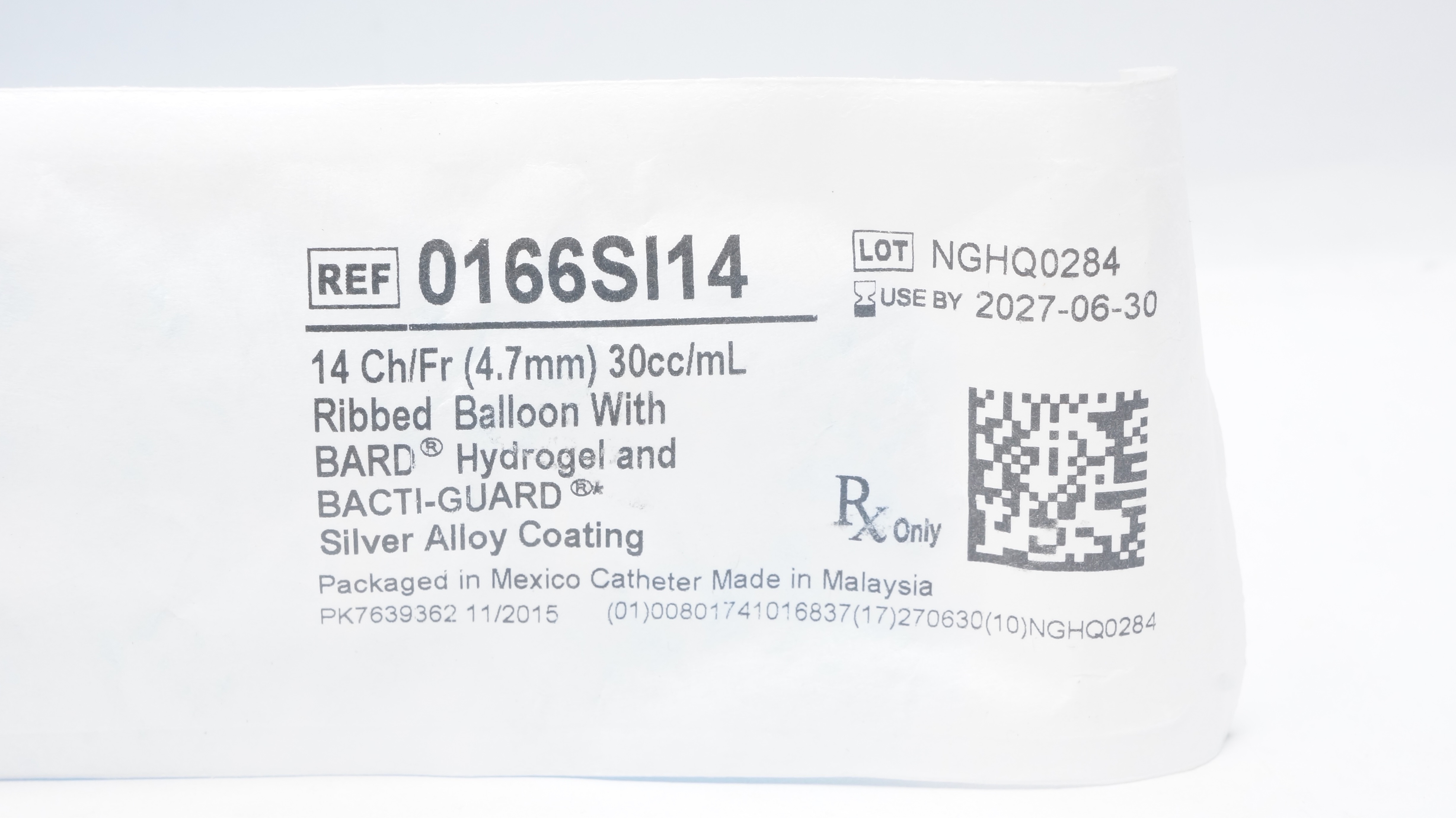 Bard 0166SI14 Bardex I.C. Foley Cath. 14Fr. 30cc/ml Ribbed Balloon