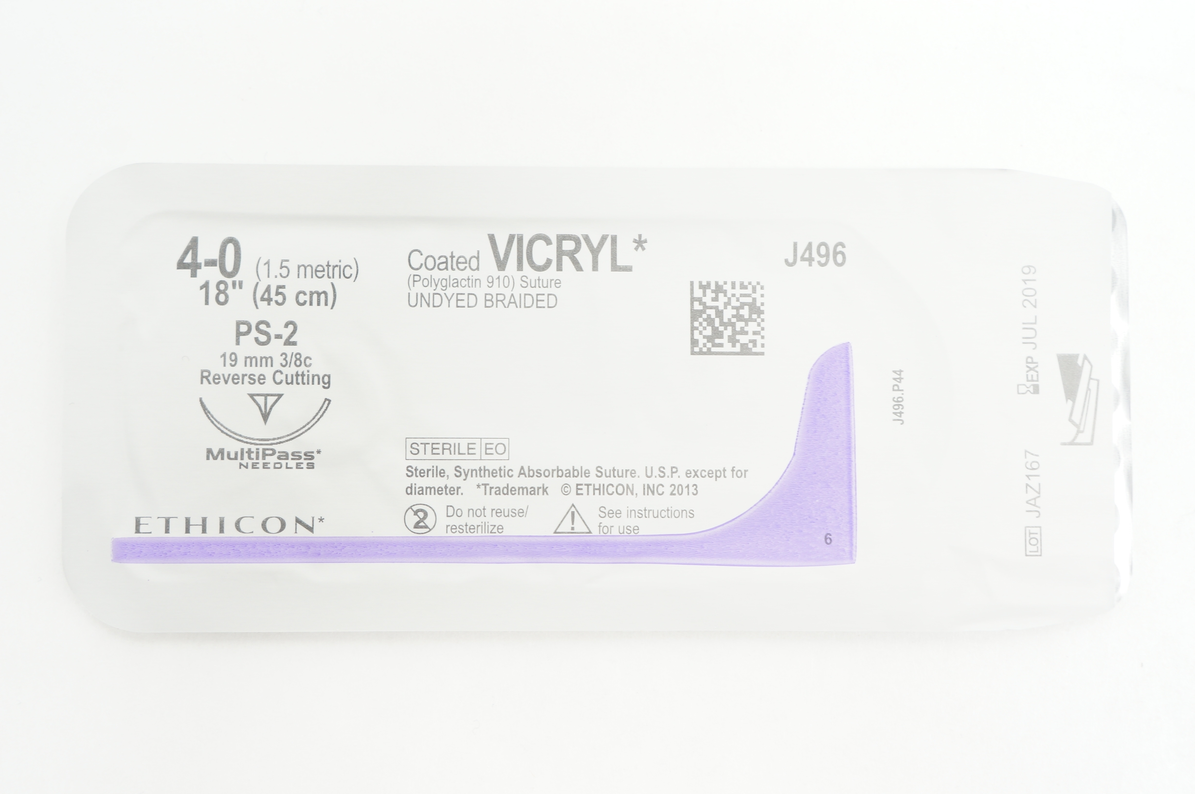 Ethicon J496 4-0 Coated VICRYL PS-2 19mm 3/8c Reverse Cutting, 18inch (x)