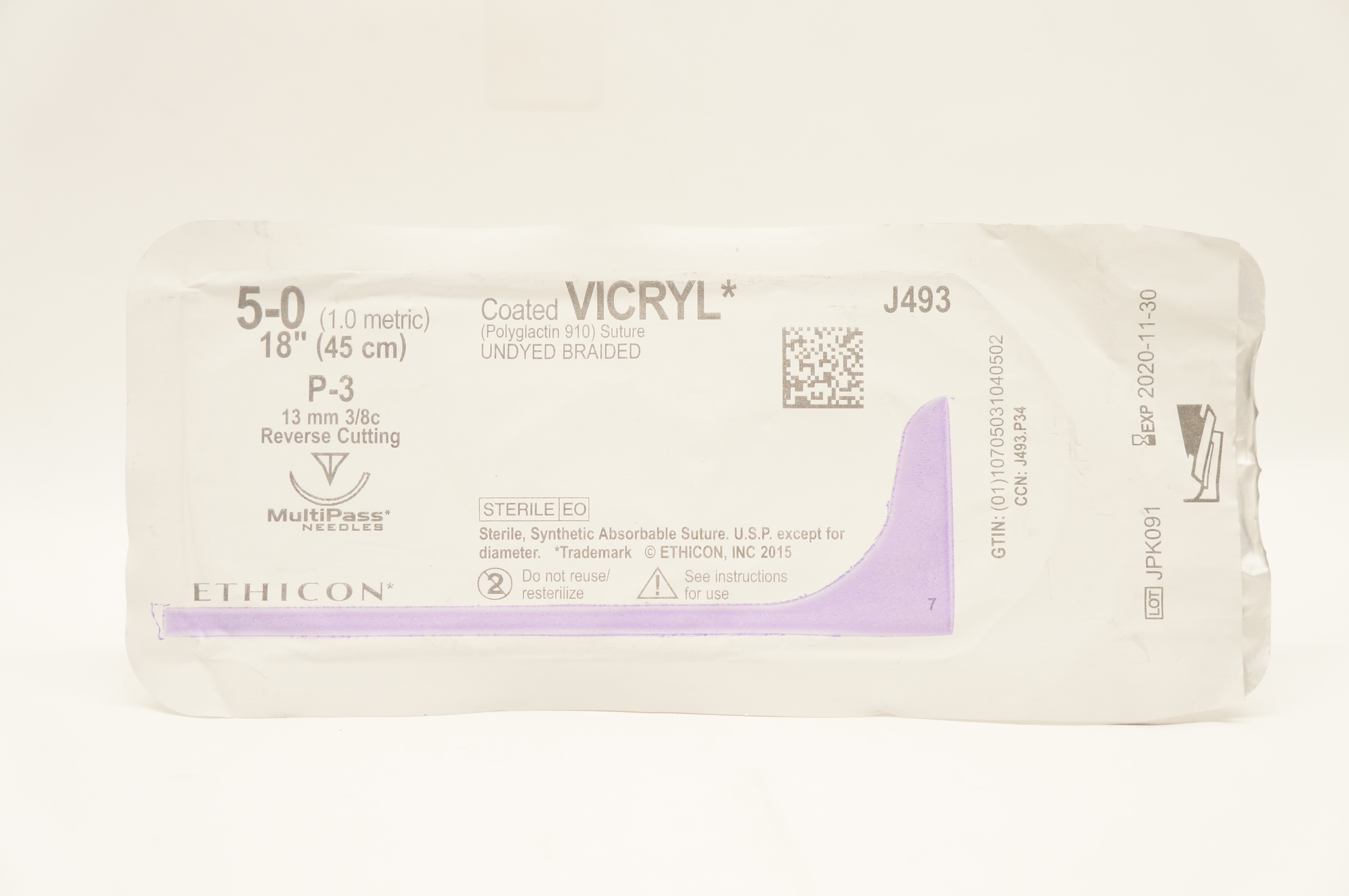 Ethicon J493 5-0 Coated VICRYL P-3 13mm 3/8c Reverse Cutting 18inch (x)