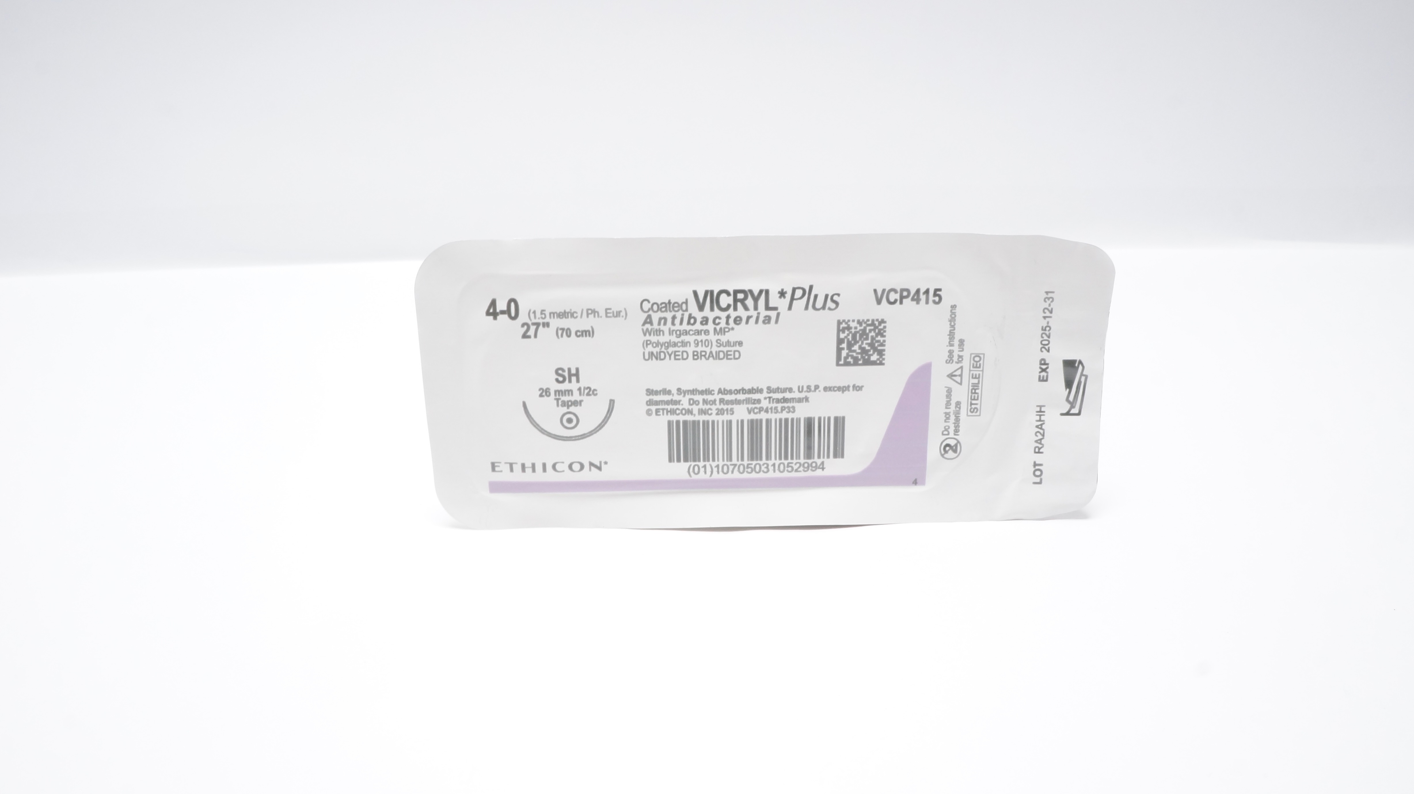 Ethicon VCP415 4-0 Vicryl Antibacterial Stre. Undyed Braided Taper, 27inch