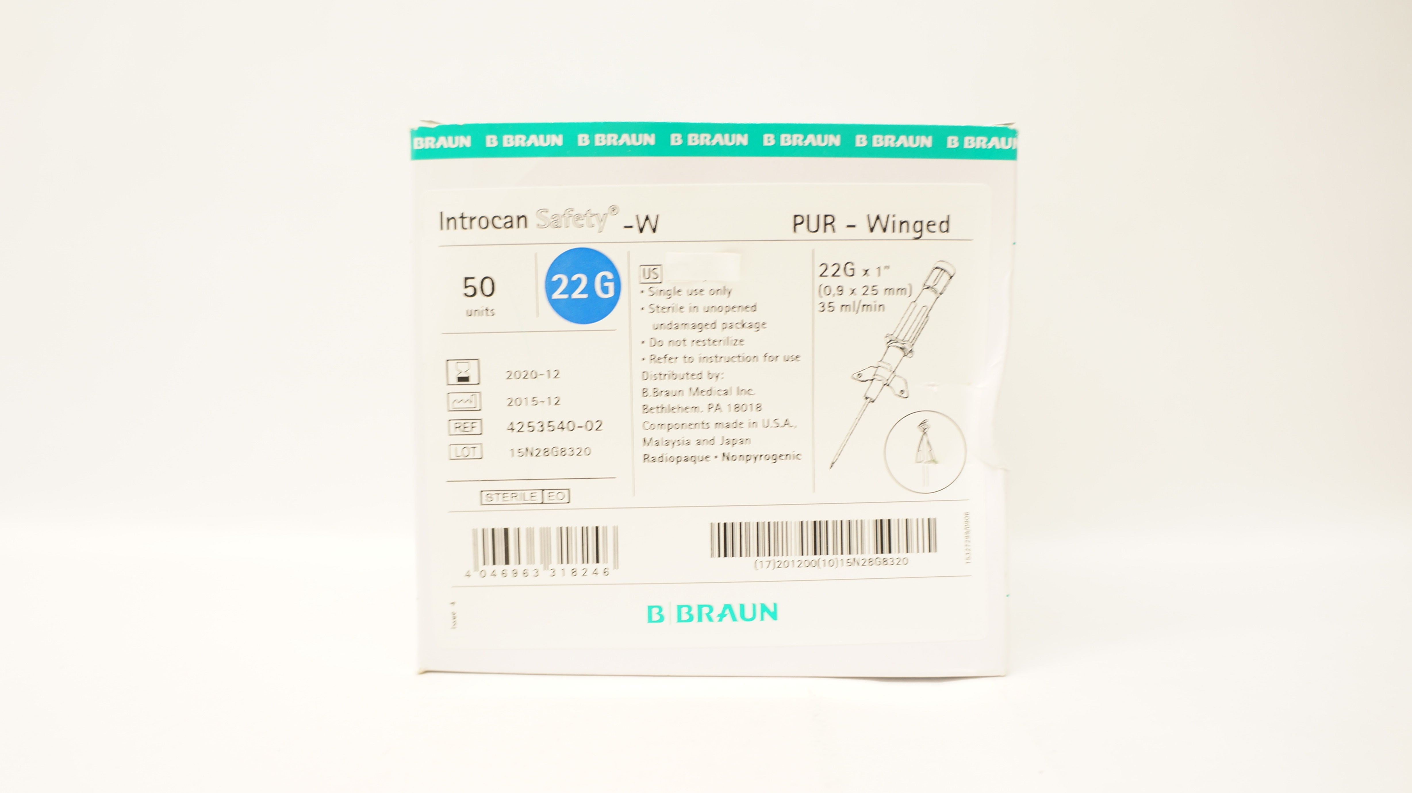 Braun 4253540-02 Introcan Safety IV Cath. 22G x 1inch, 35ml/min (x) - Box of 15