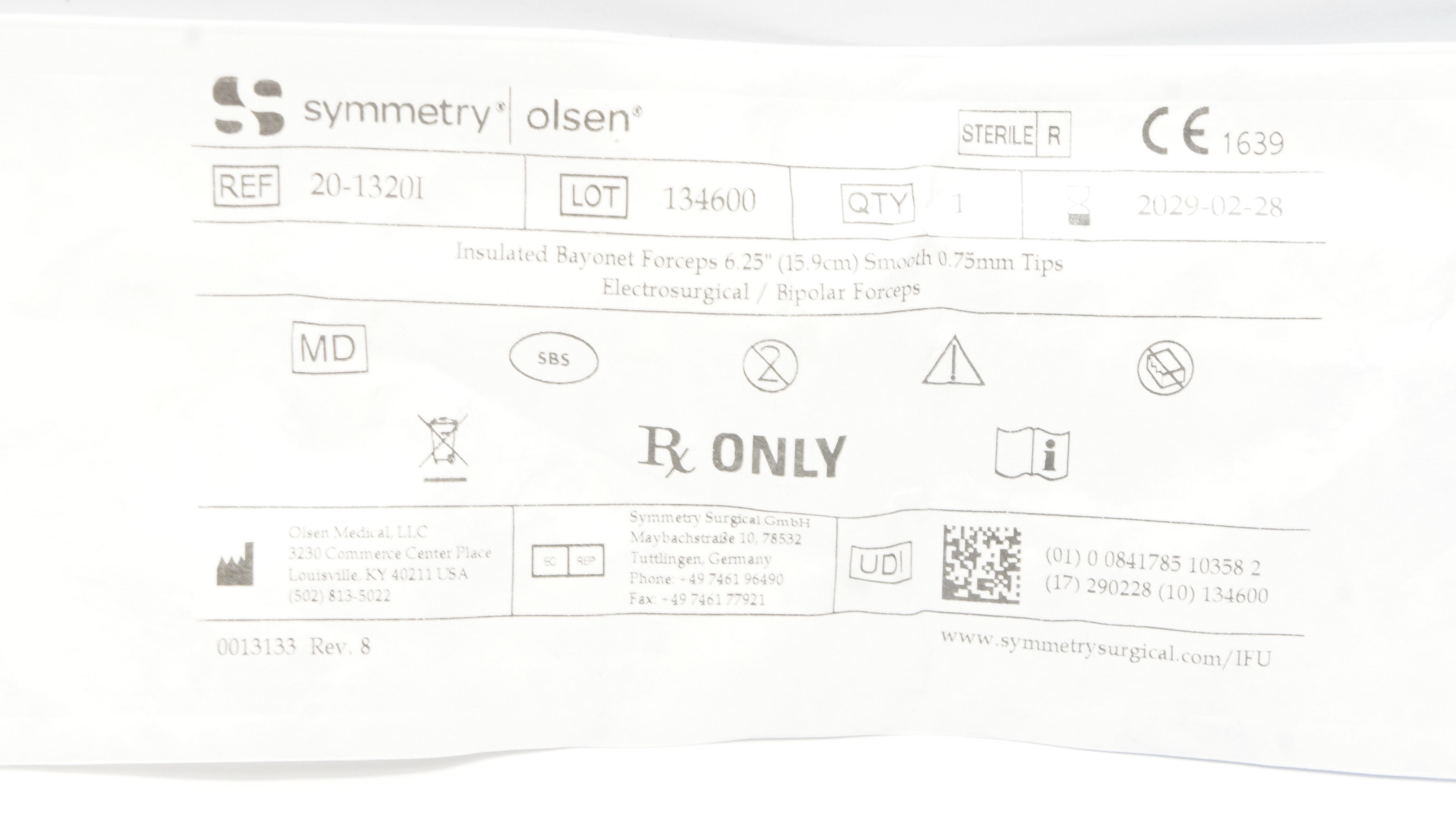 Olsen 20-13201 Symmetry Insulated Bayonet Forceps 6.25inch Smooth, 0.75mm Tips