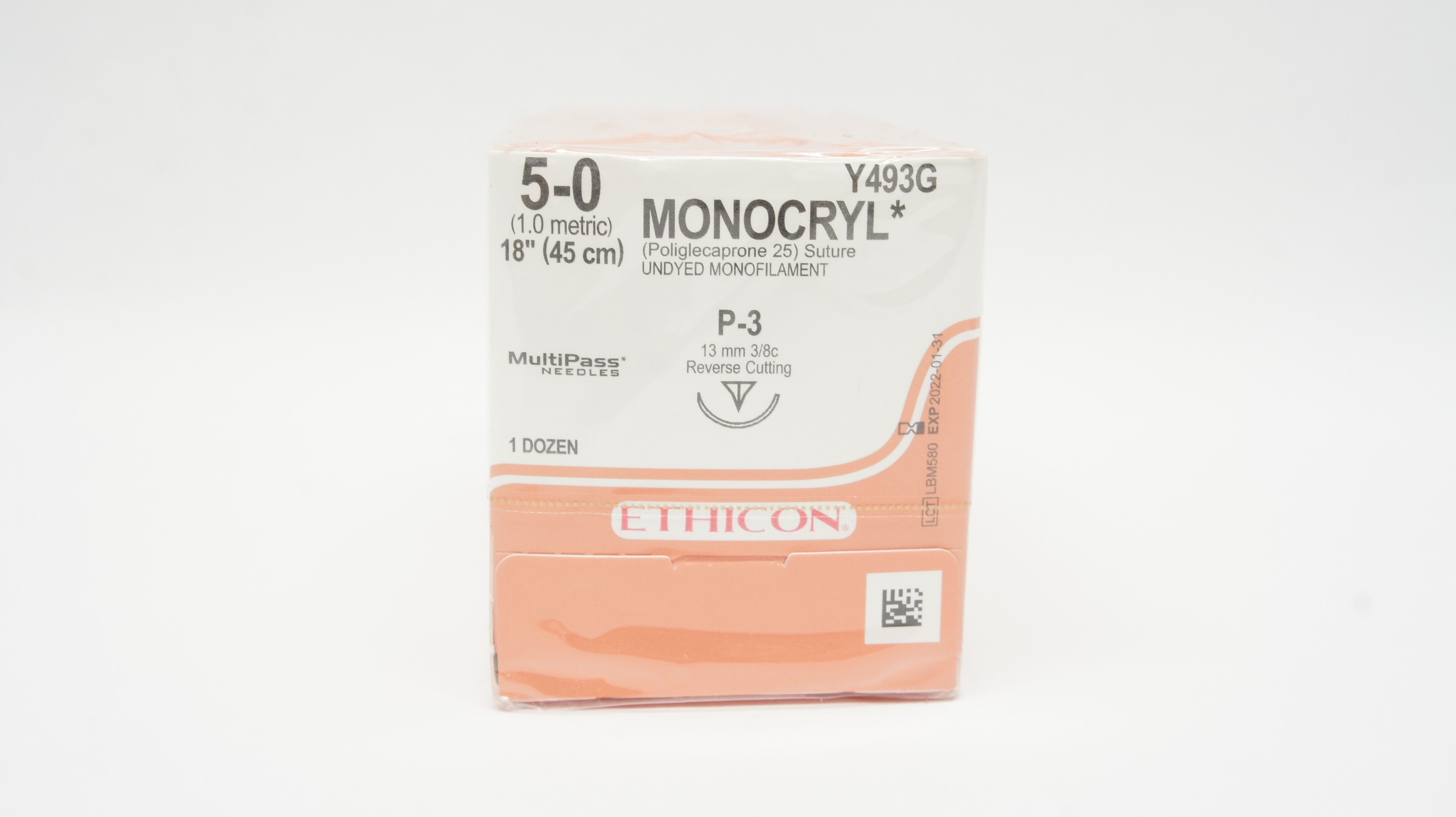 Ethicon Y493G 5-0 MONOCRYL, P-3, 13mm 3/8c Reverse Cutting, 18inch (x)-Box of 12
