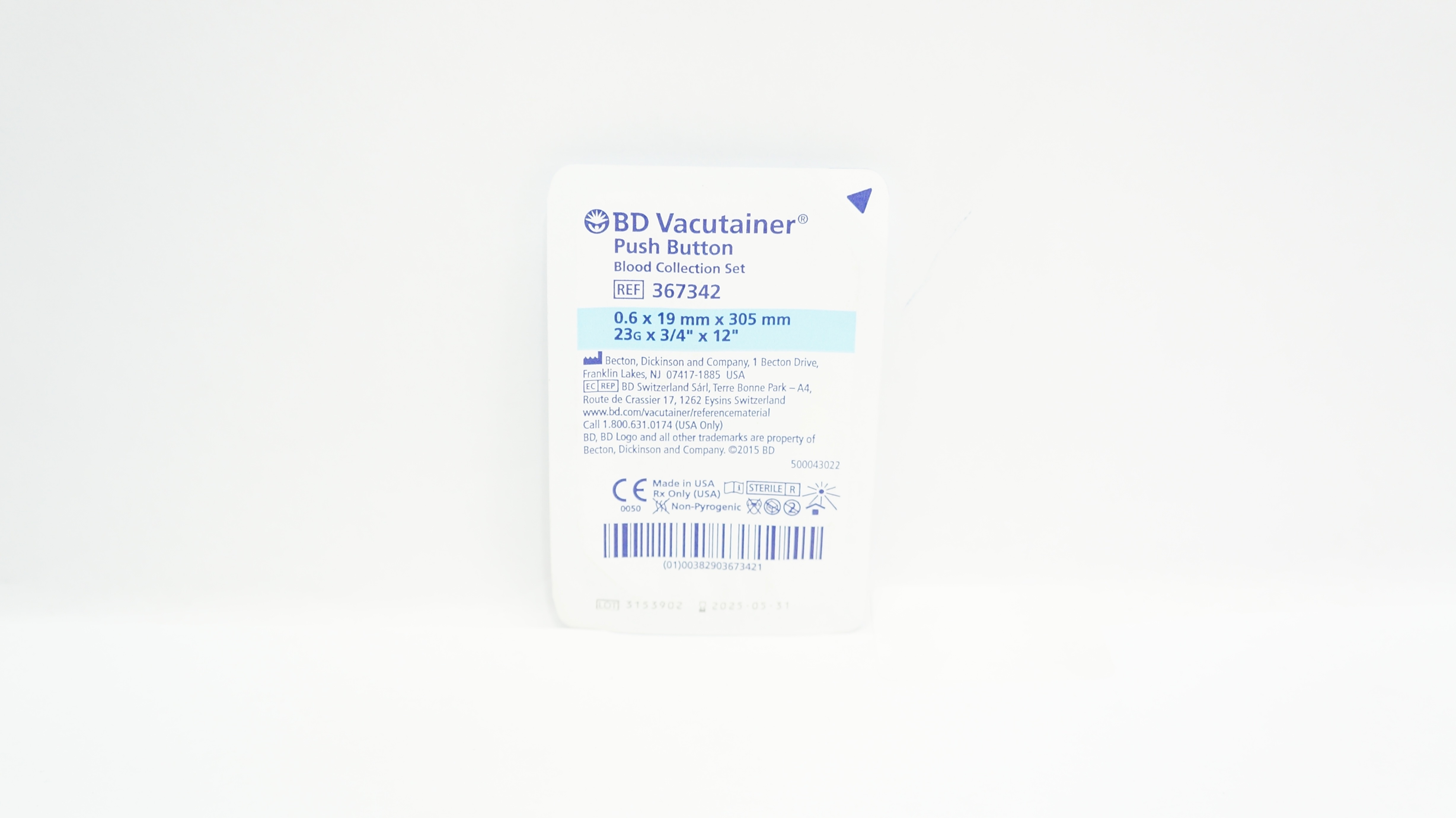 BD 367342 Vacutainer Push Button Blood Collection Set 23G x 3/4inch x 12inch