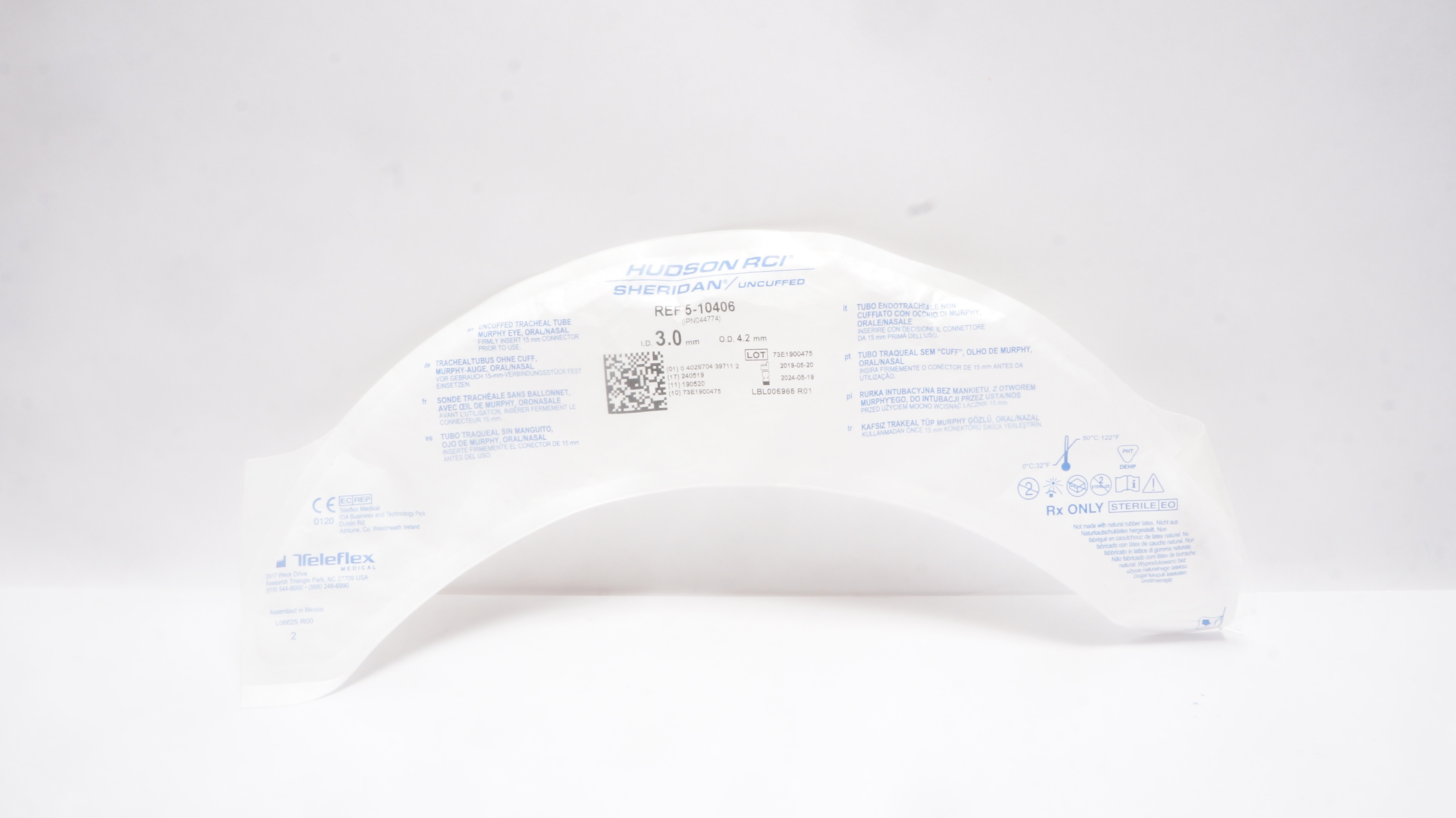 Teleflex 5-10406 Hudson RCI Uncuffed Tracheal Tube Murphy Eye 3.0 ID x 4.2mm OD