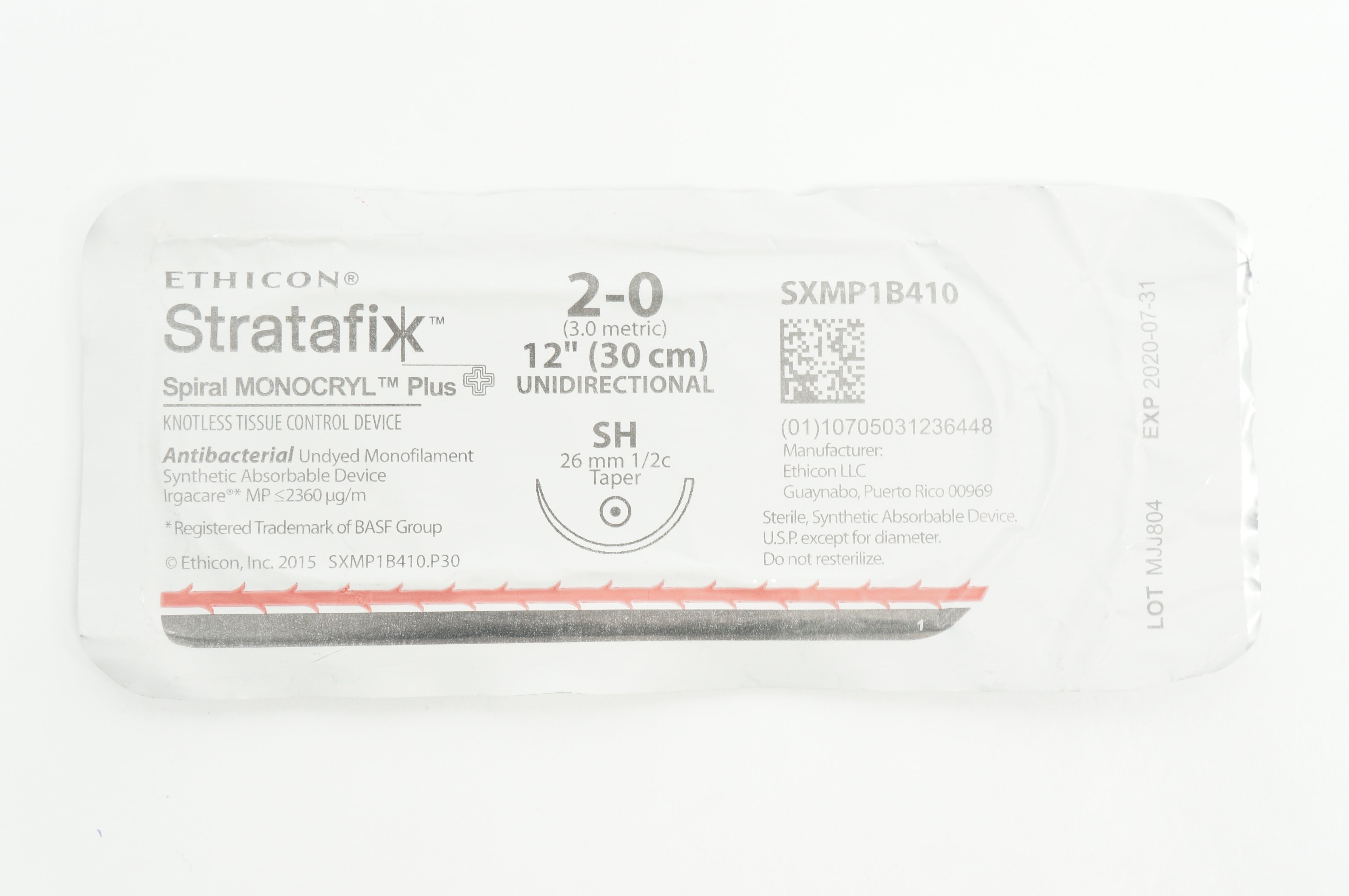 Ethicon SXMP1B410 2-0 STRATAFIX Spiral MONOCRYL SH 26mm 1/2c Taper, 12in(x)