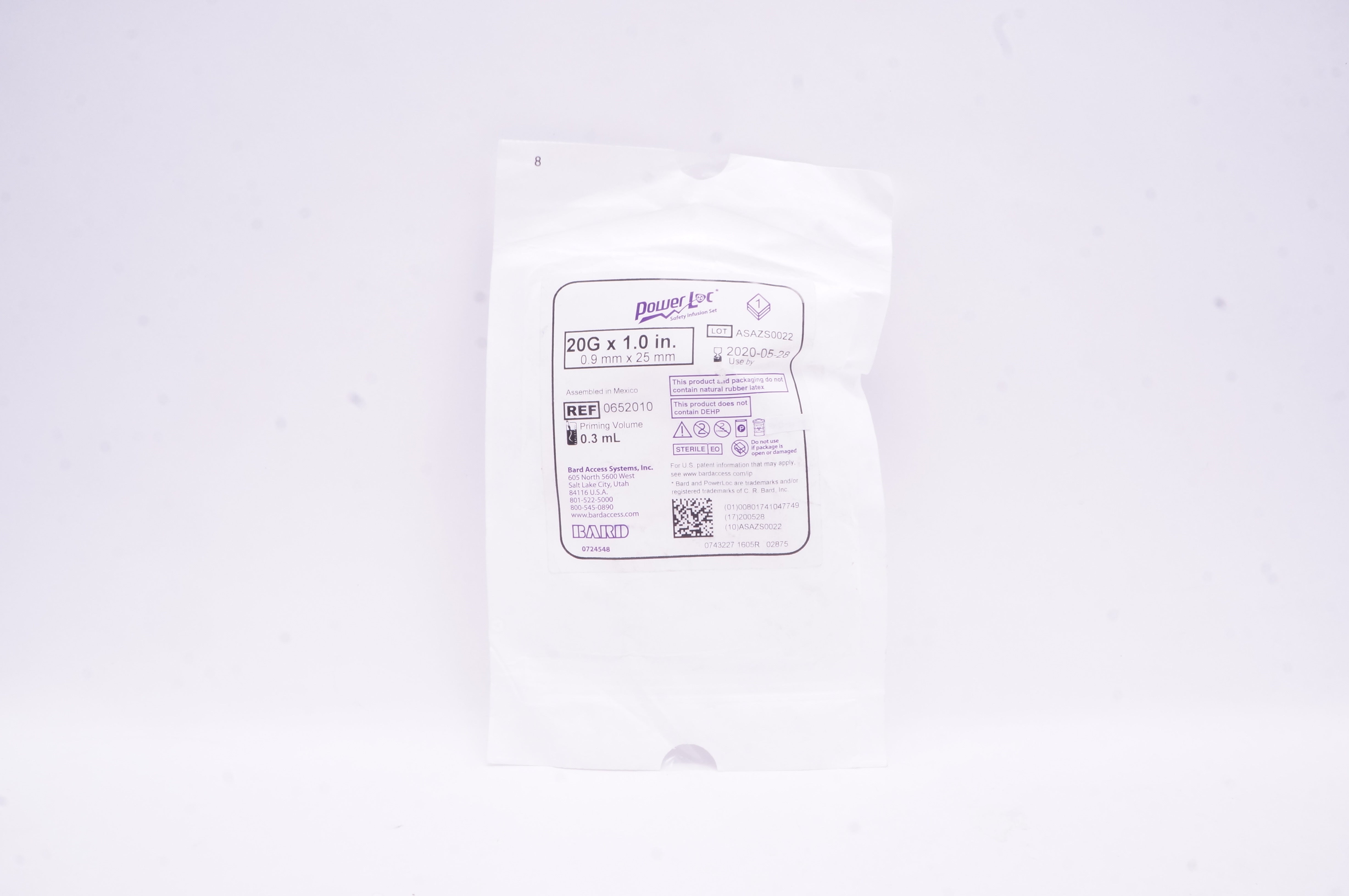 Bard 0652010 Power Loc Safety Infusion Set 20G x 1.0inch Priming Volume 0.3mL(x)