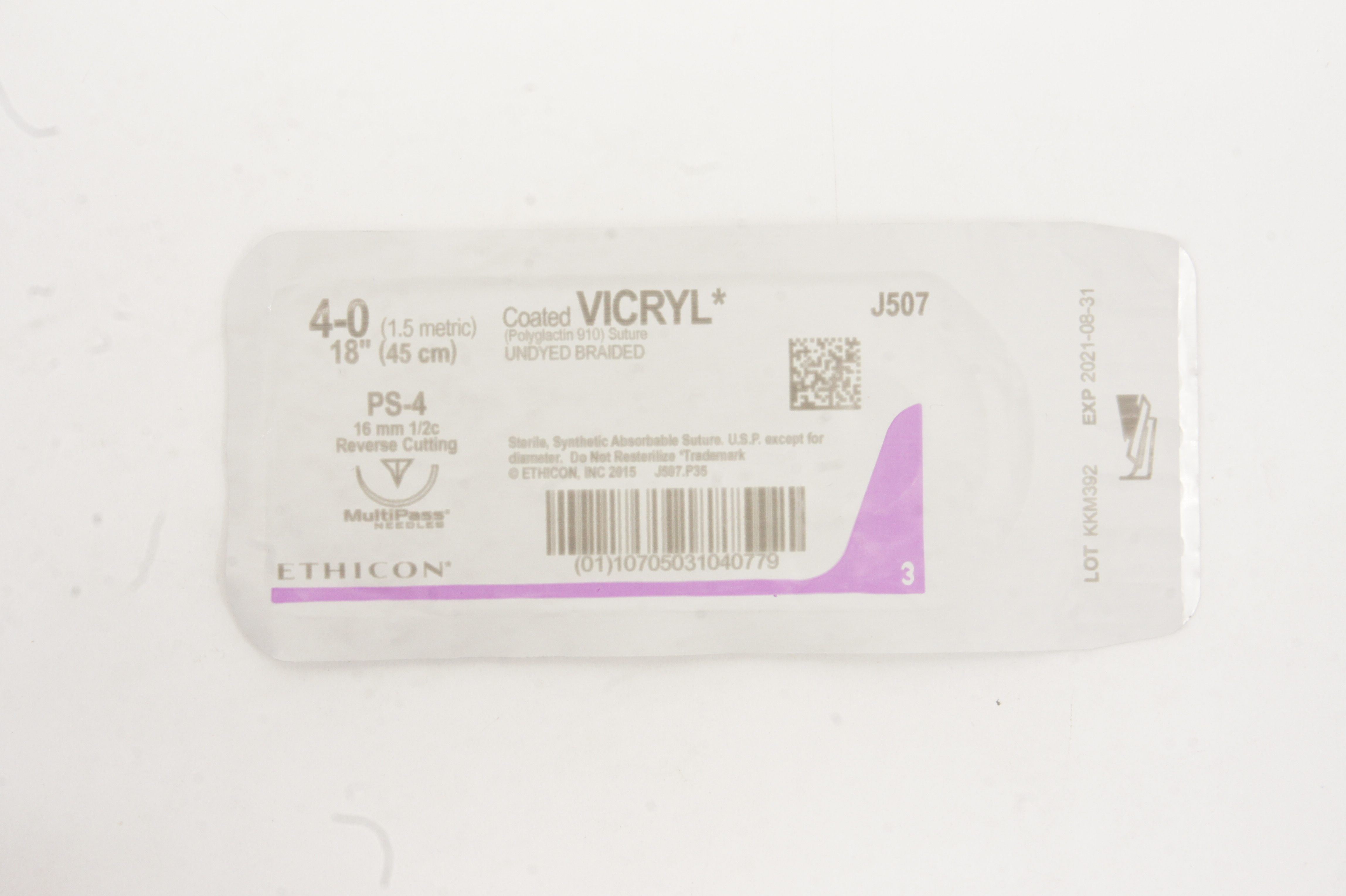 Ethicon J507 4-0 VICRYL, PS-4 16mm 1/2c Reverse Cutting, Undyed Braided, 18in(x)