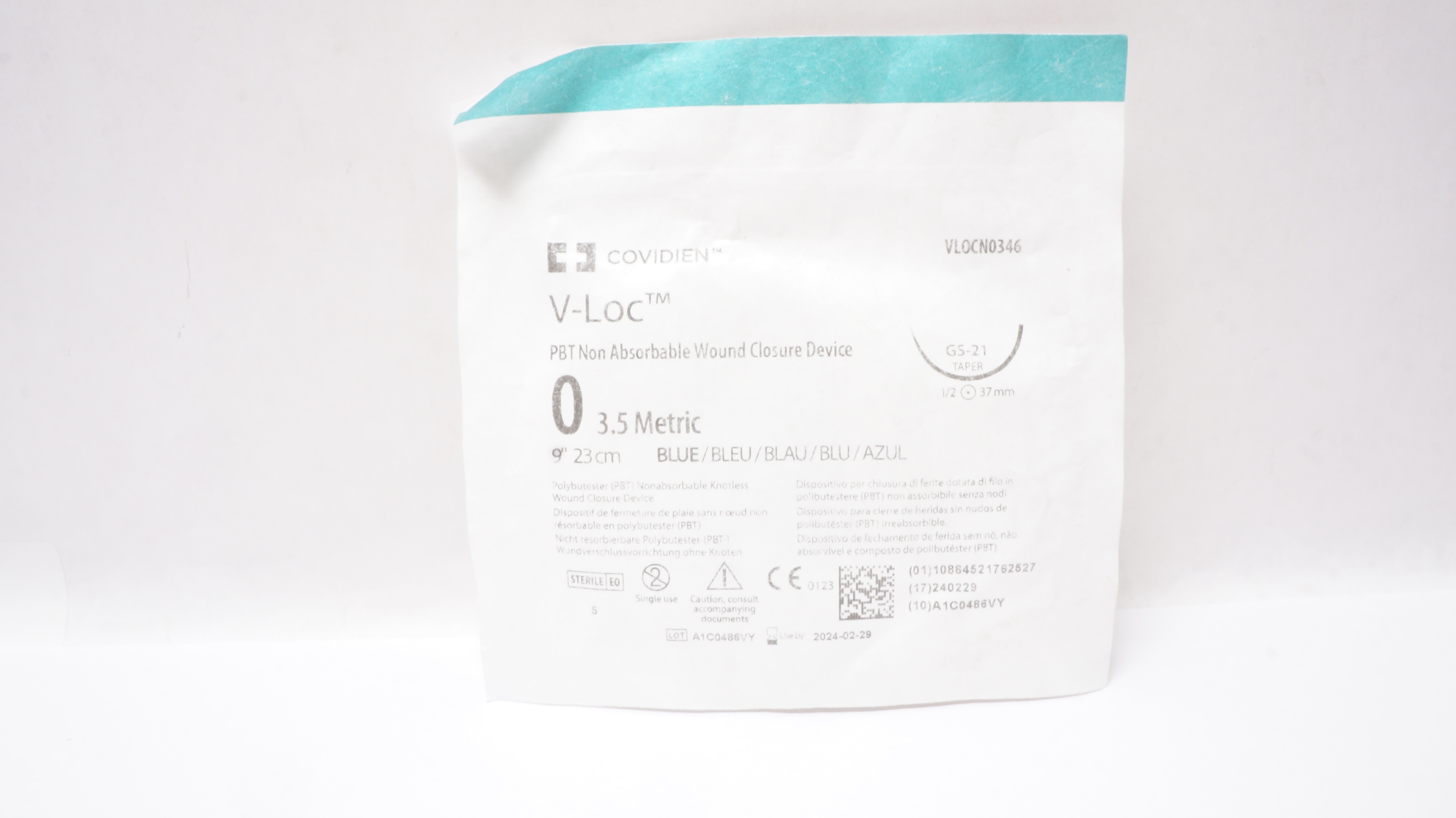 Covidien VLOCN0346 0 PBT Wound Closure Device, GS-21, Taper 1/2c 37mm, 9inch