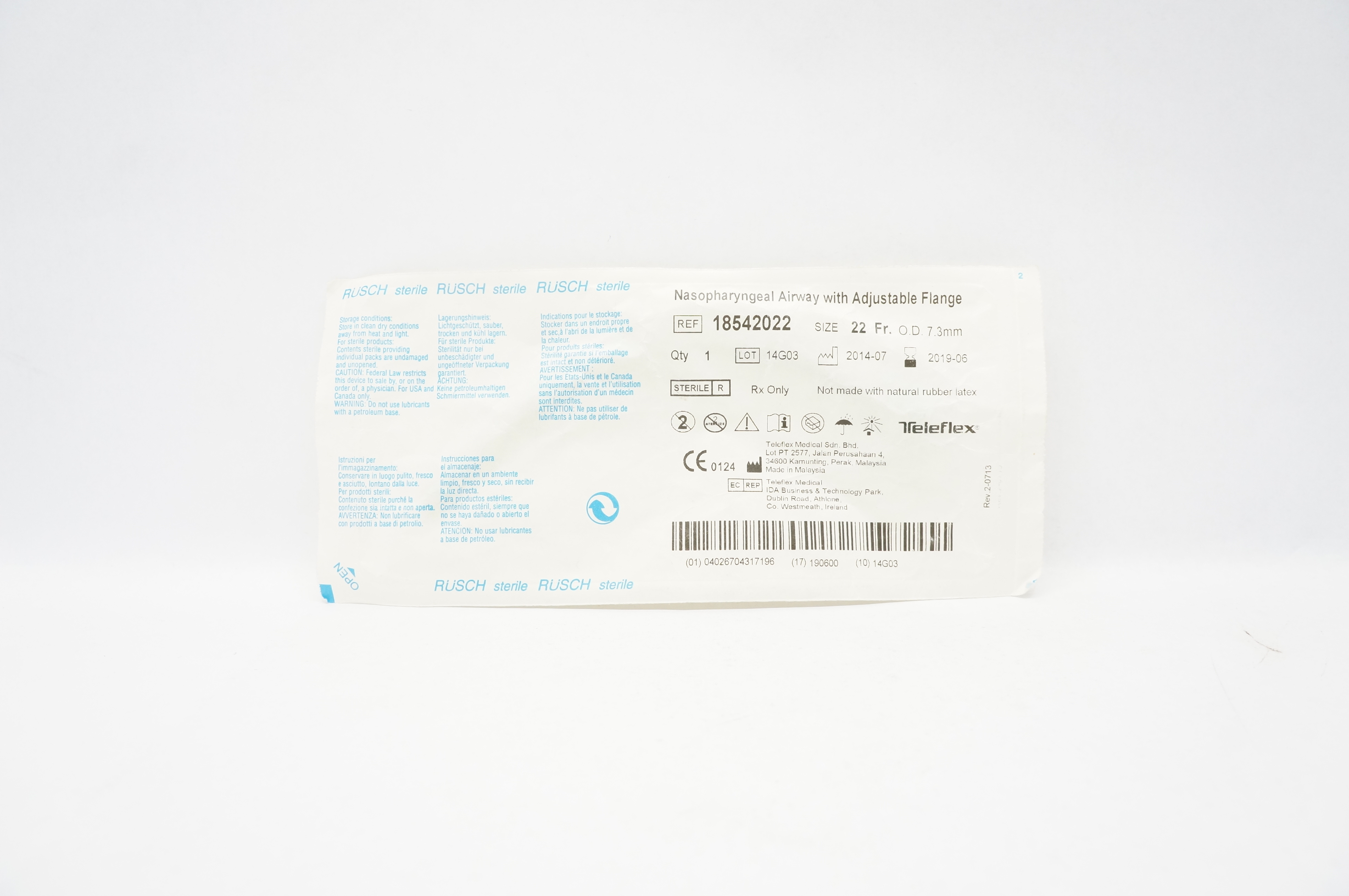 Teleflex 18542022 Nasopharyngeal Airway with Adjustable Flange 22Fr. x 7.3mm (x)