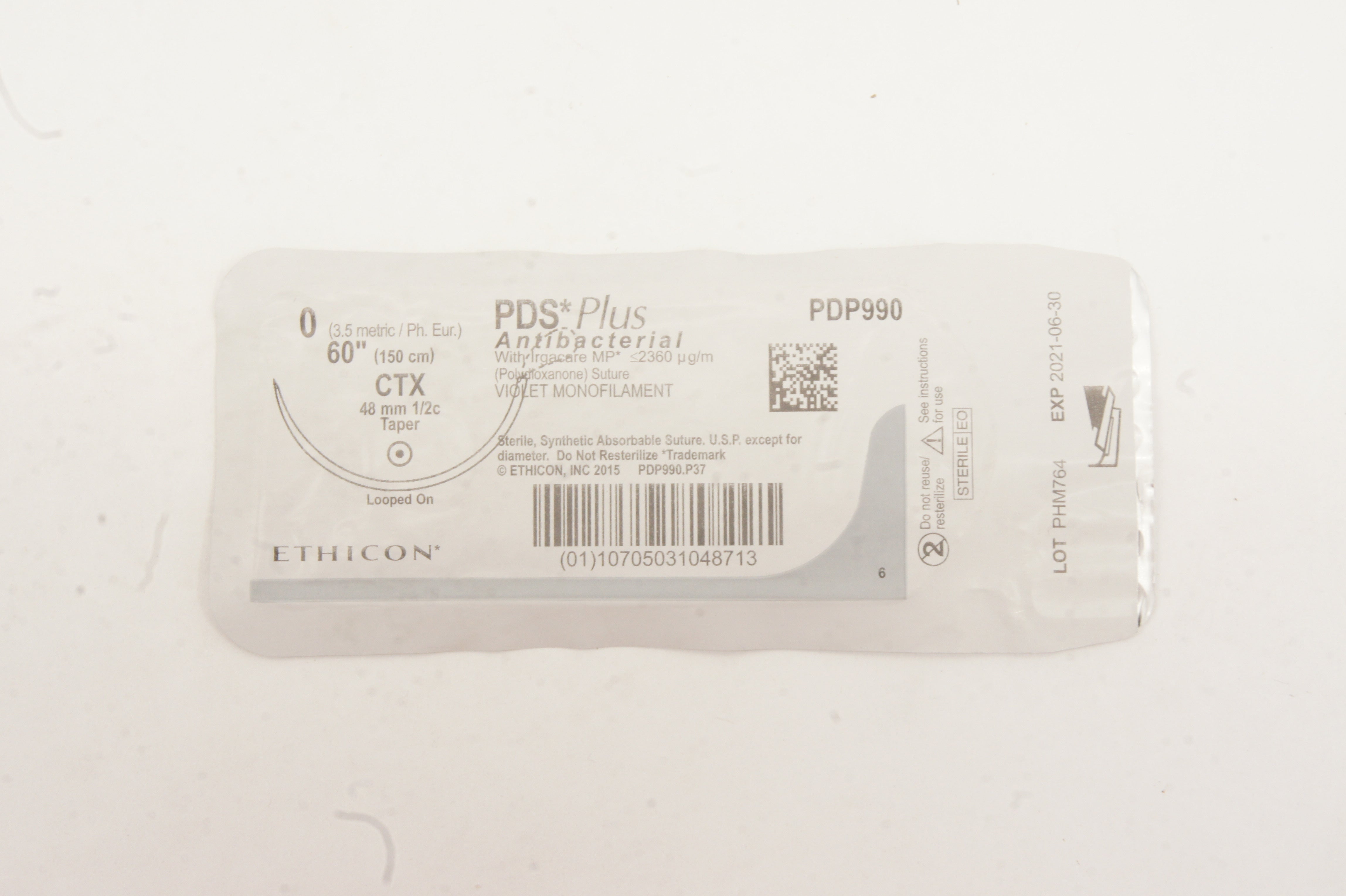 Ethicon PDP990 0 PDS Plus Antibacterial Monofilament CTX 48mm 1/2c Taper 60inch