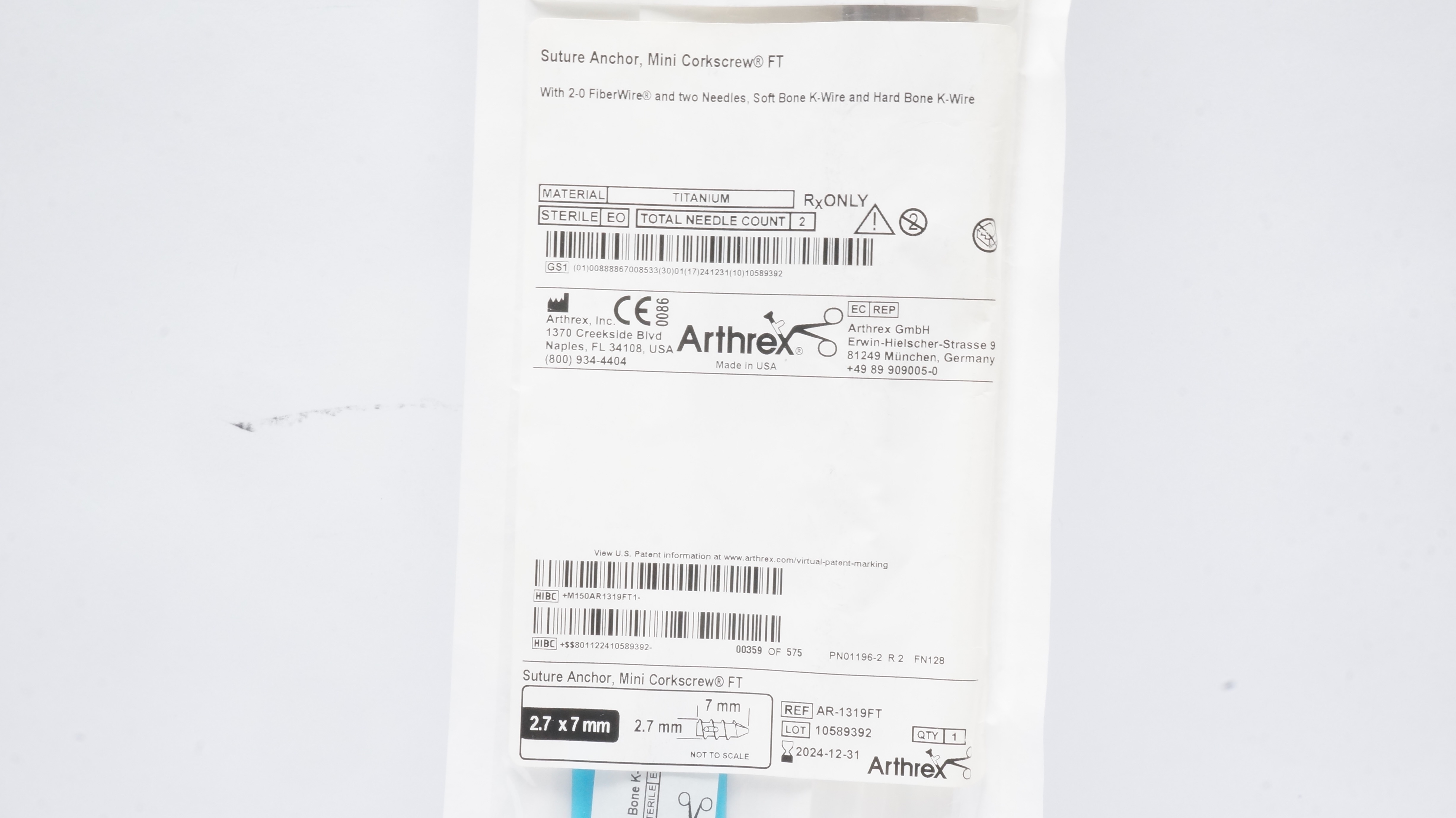 Arthrex AR-1319FT Stre Anchor Micro Corkscrew FT 7mm x 2.7mm