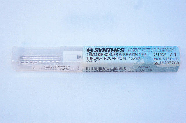 Synthes 292.71 1.6mm Kirschner Wire W/ 5mm Thread-Trocar Point 150mm Pack of 10