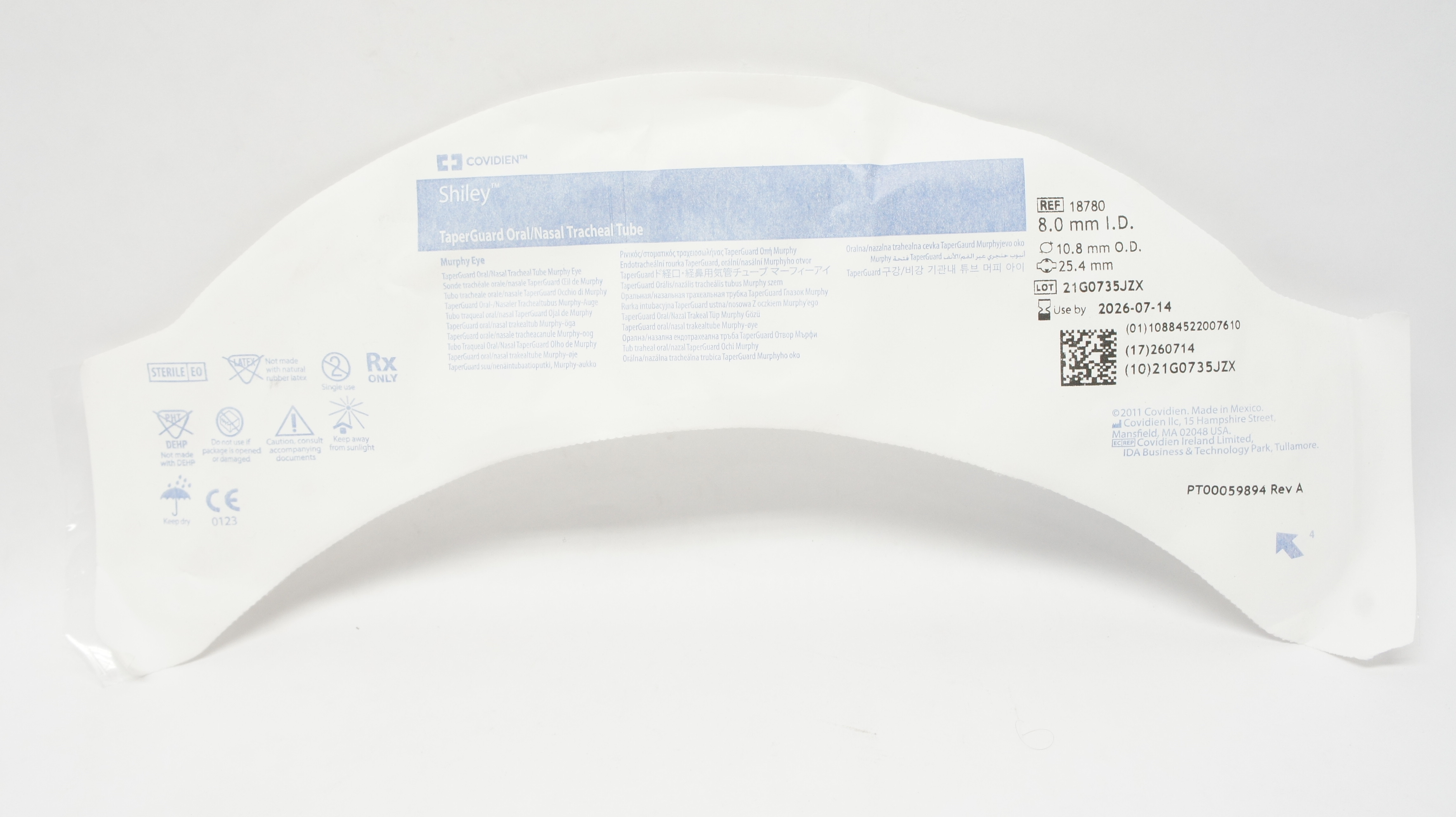 Covidien 18780 TaperGuard Oral/Nasal Tracheal Tube 8.0mm ID 10.8mm OD