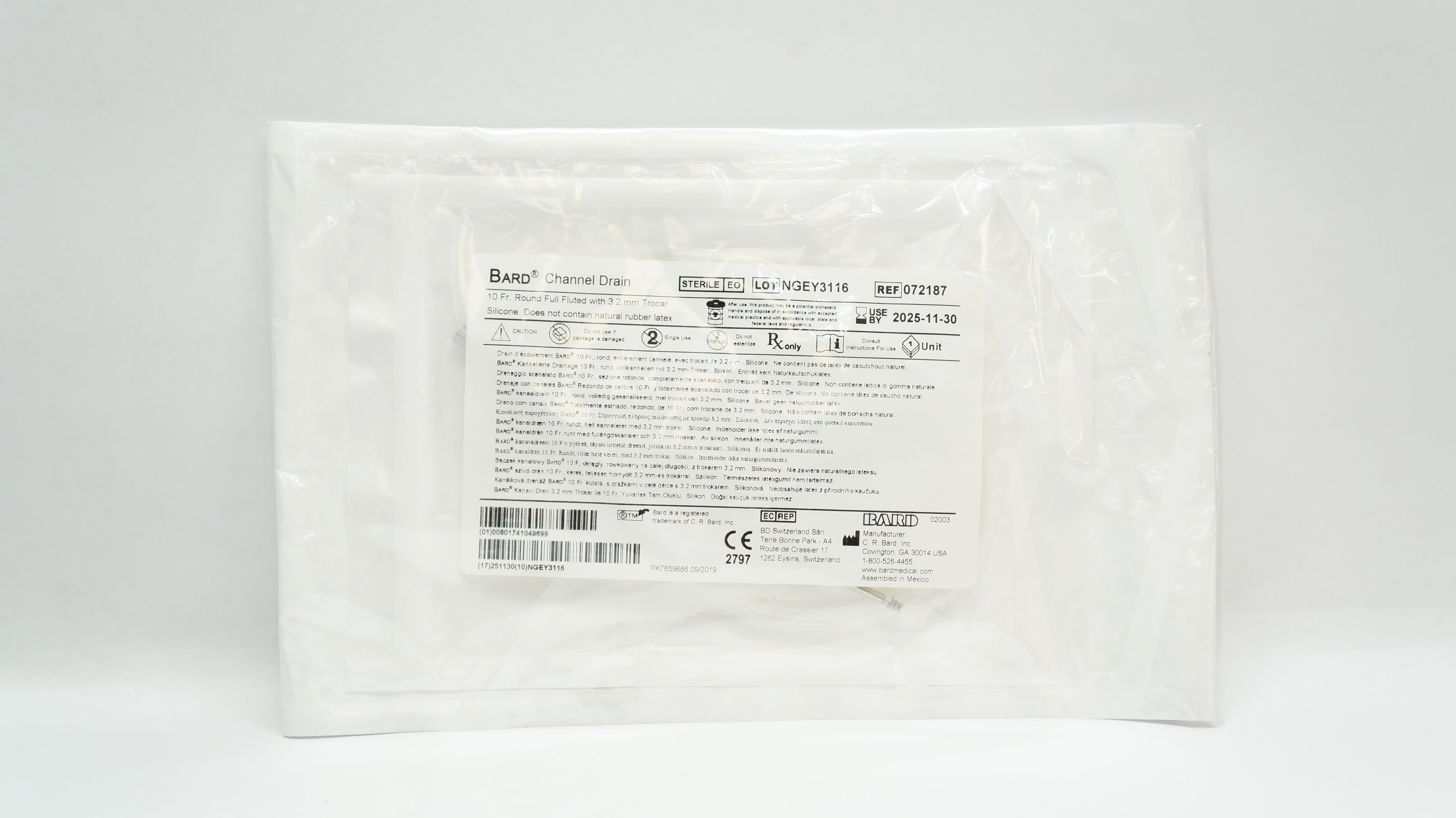 Bard 072187 Channel Drain 10 Fr. Round Full Fluted With 3.2mm Trocar Silicone