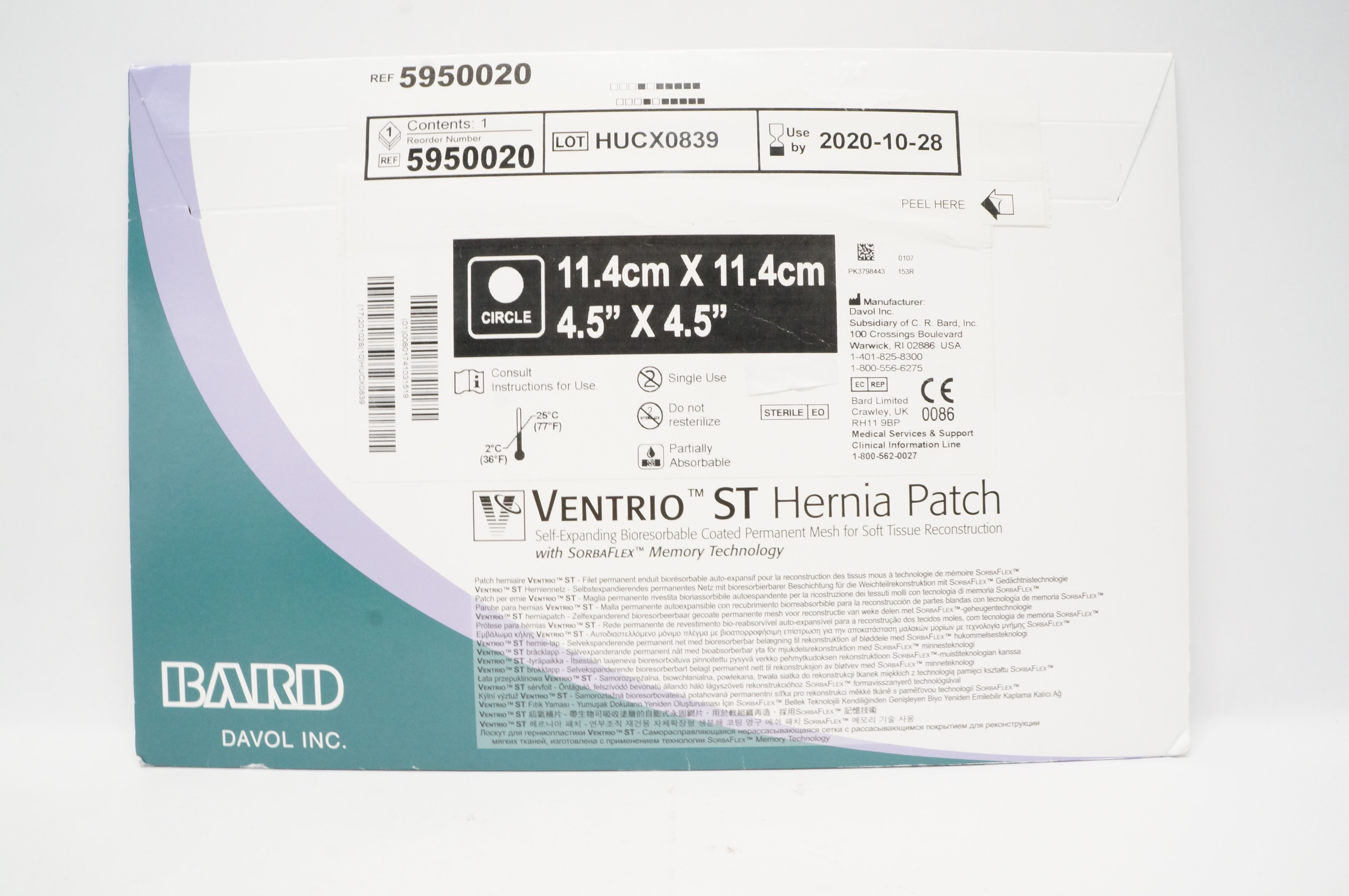 Bard 5950020 Davol Ventrio ST Hernia Patch, Circle 4.5 x 4.5 inch (x)