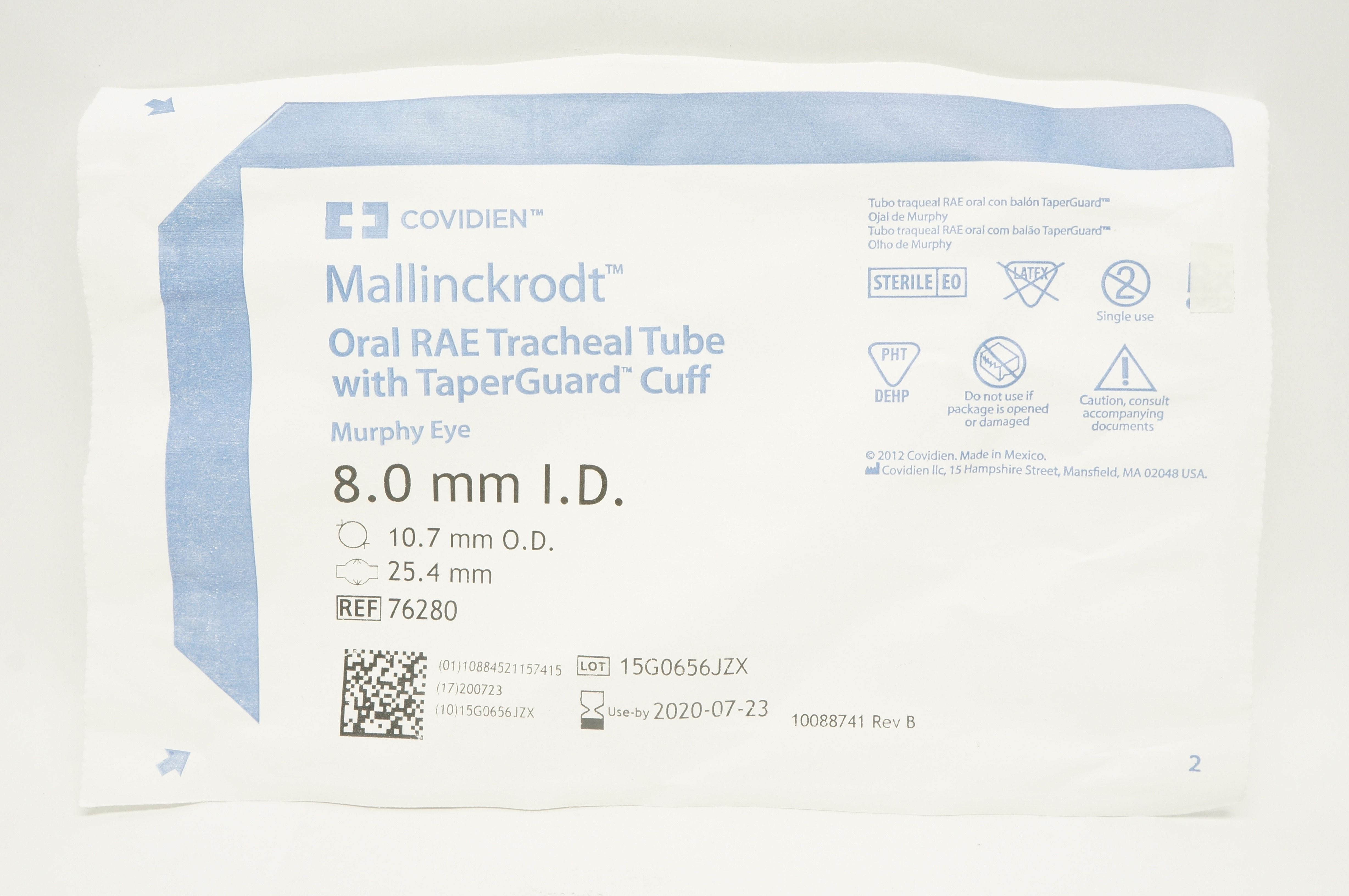Covidien 76280 Mallinckrodt Oral RAE Tracheal Tube with Cuff 8.0 x 10.7mm (x)