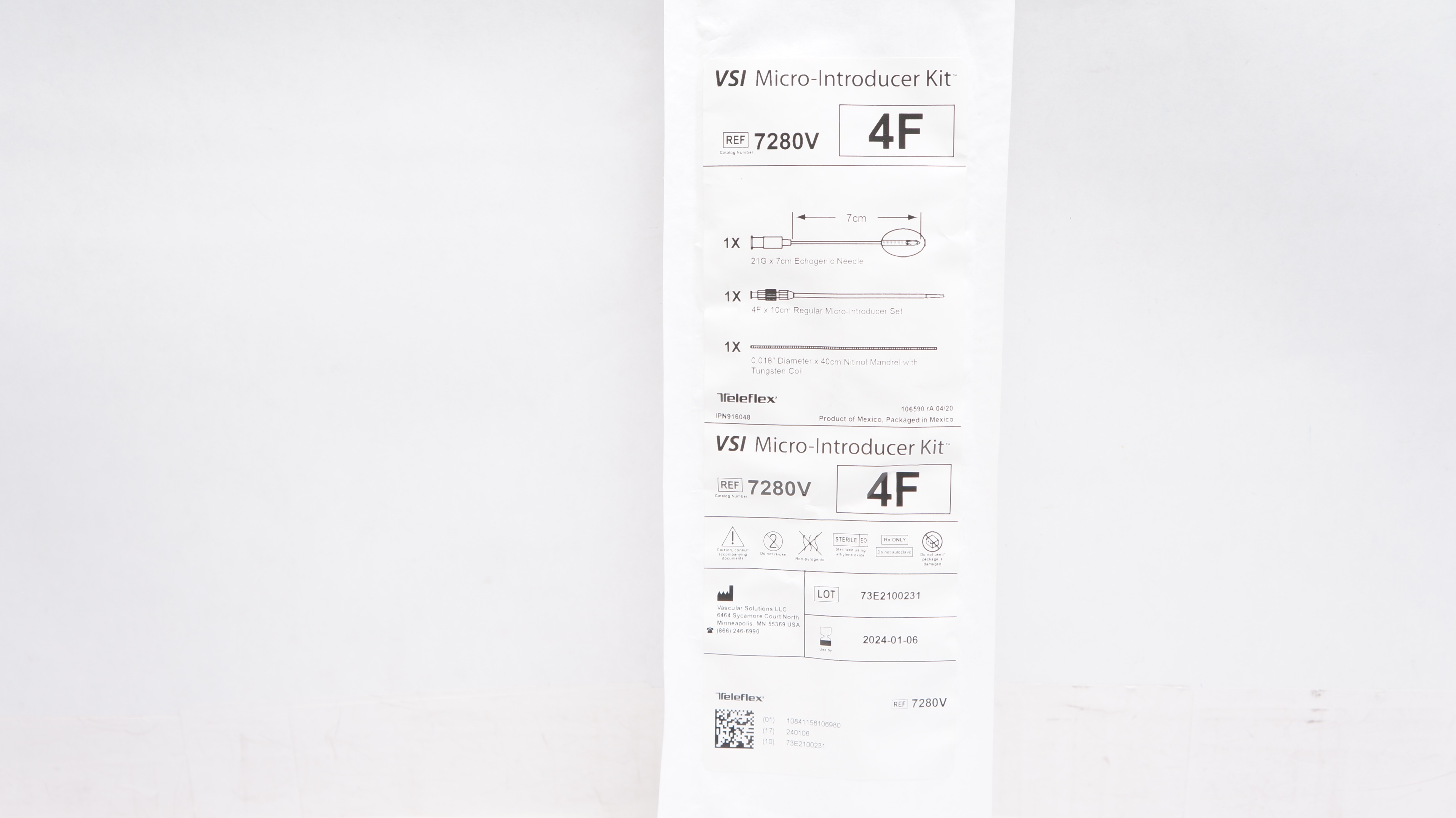Vascular Solutions 7280V VSI Micro-Introducer Kit 4F x 10cm, 24G x 7cm Ndle (x)