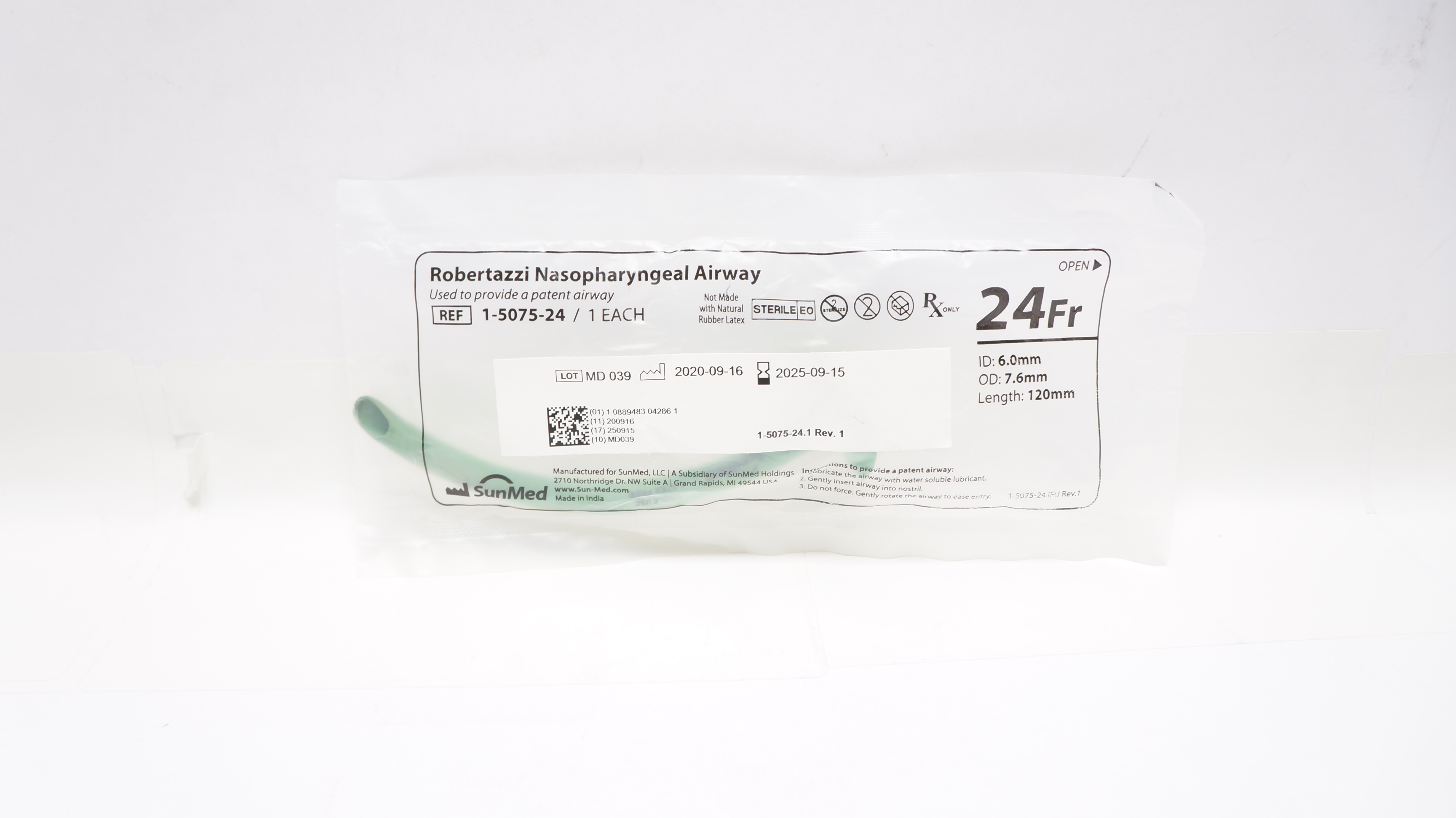 SunMed 1-5075-24 Robertazzi Nasopharyngeal Airway 24Fr 6.0 ID x 7.6 OD x 120mm