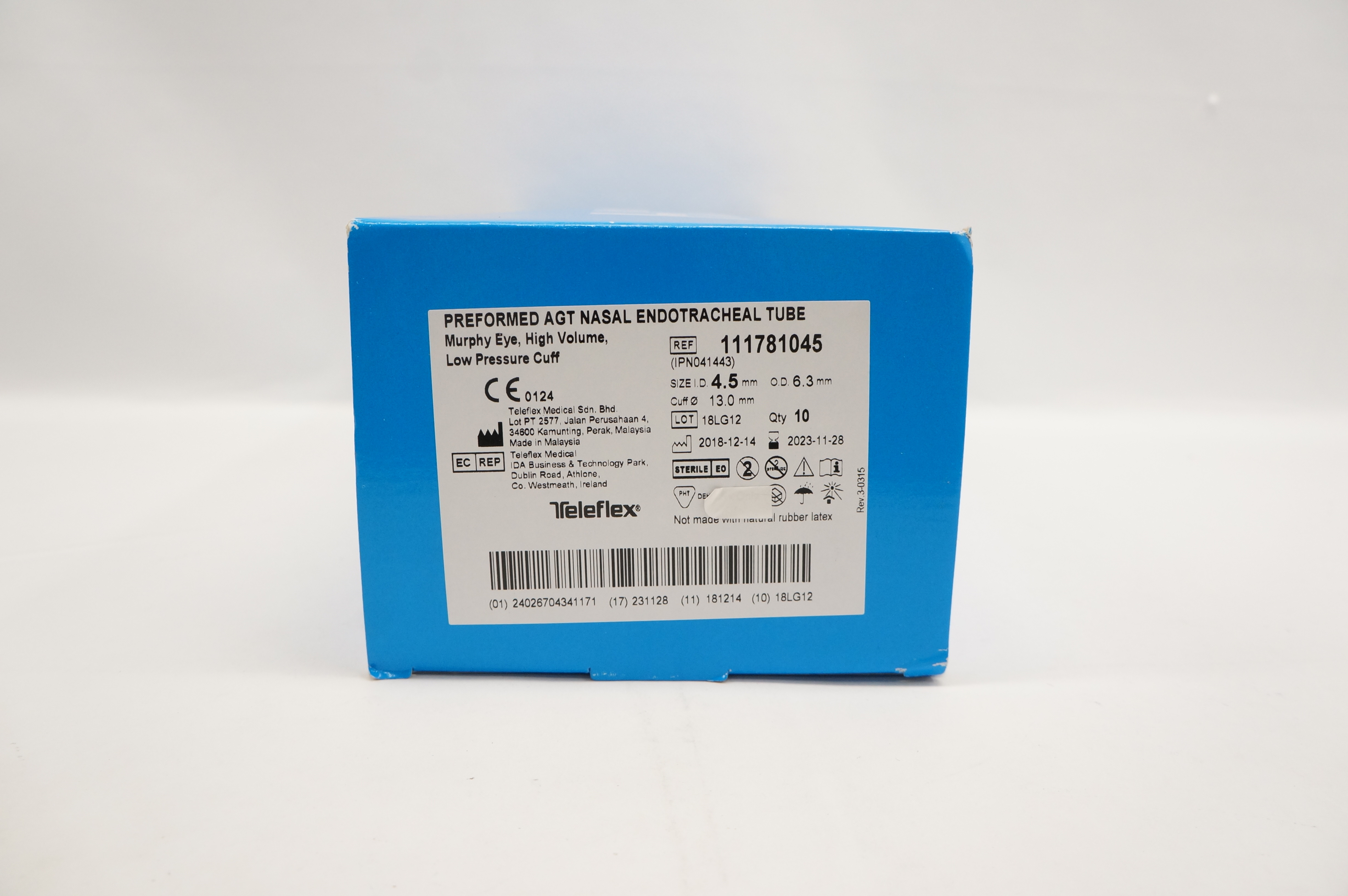 Teleflex 111781045 Preformed Nasal Endotracheal Tube 4.5 x 6.3 x 13mm -Box of 10